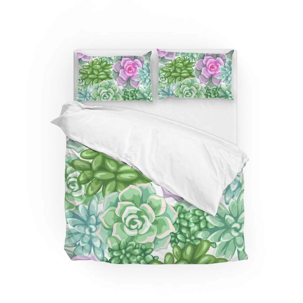 Parure de lit motif succulents vert rose en polyester doux CHEHONG