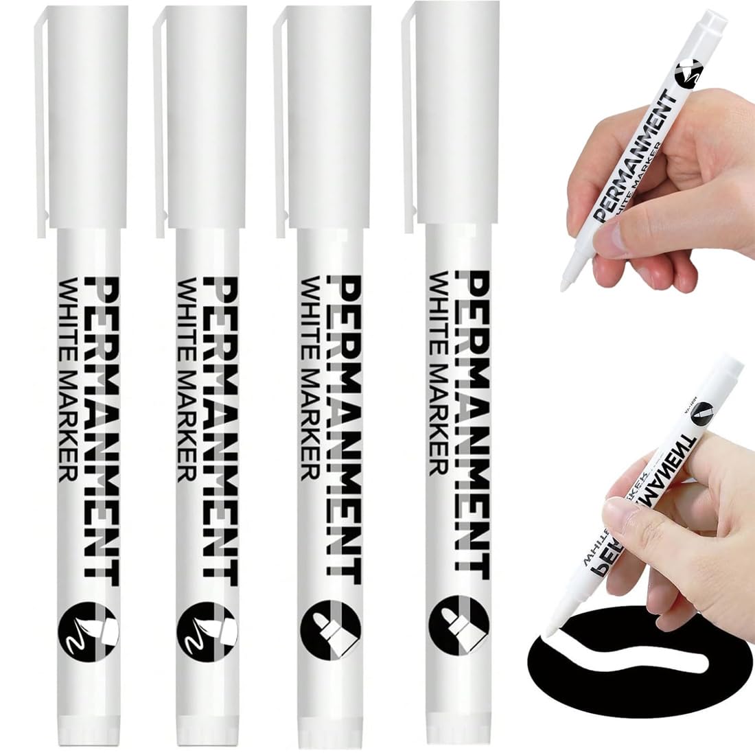HABNI 4 Pieces White Marker, Permanent White Marker, Waterproof, Quick-Drying, Line Width 1-5 mm, Suitable for Stone, Wood, Glass, Ceramic, Canvas, Tires