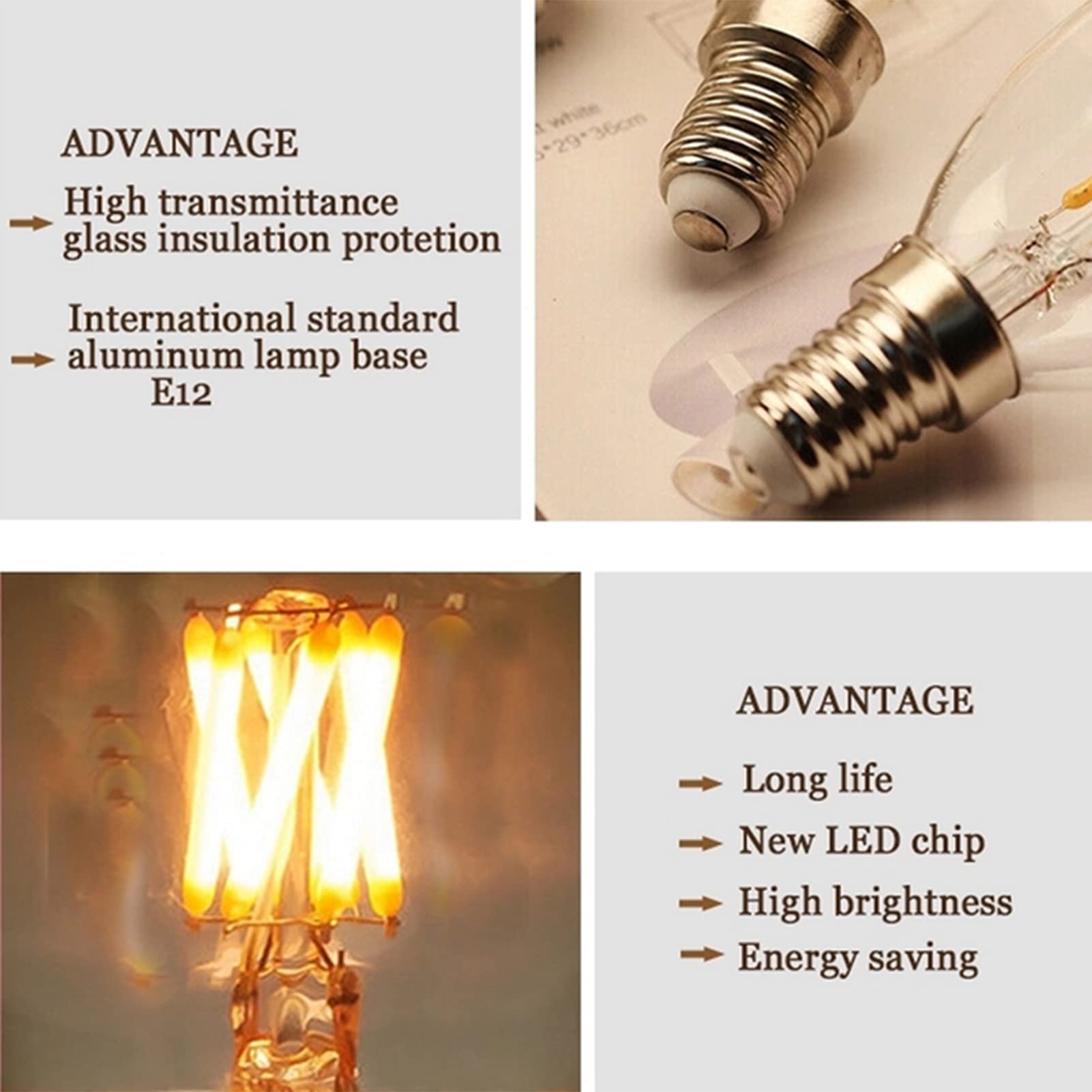 Bombilla candelabro LED regulable 6 W, bombillas filamento Edison vintage C35, bombillas candelabro alto brillo regulables con boca rosca E12 600 lm, vidrio transparente, paquete 4