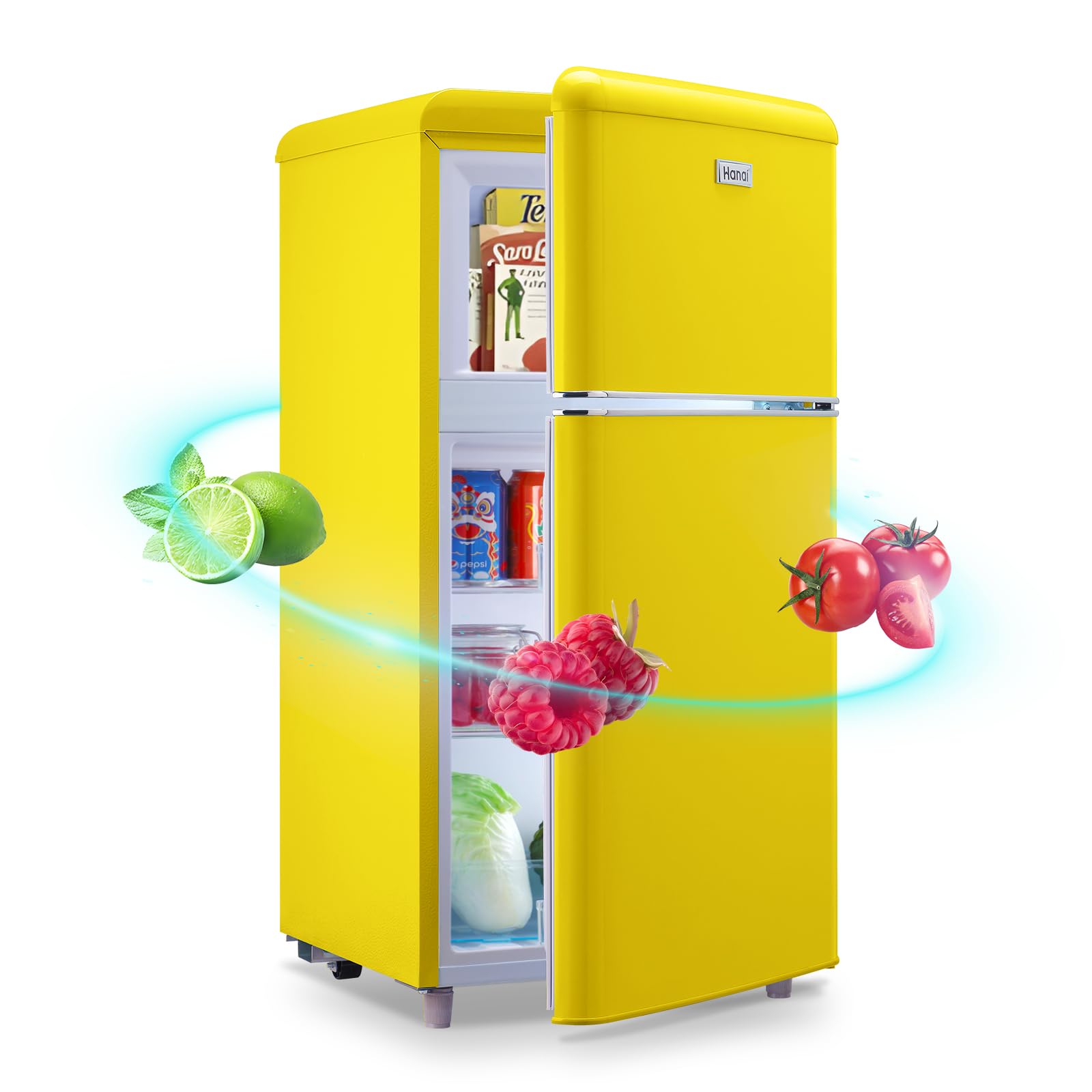 WANAI Mini Fridge Dual Door Refrigerator With Freezer 3.5 Cu.Ft, Compact Refrigerator With Adjustable Temperature & Removable Glass Shelves, Fridge For Apartment/Dorm/Office/RV, Yellow on Fridge.com - View 1
