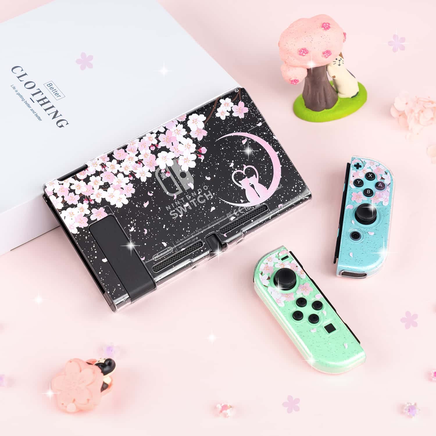 BelugaDesign Sakura Moon Cat Glitter Case | Dockable Crystal Clear Pink Anime Snap Shell Protective Cover | Compatible with Nintendo Switch Standard