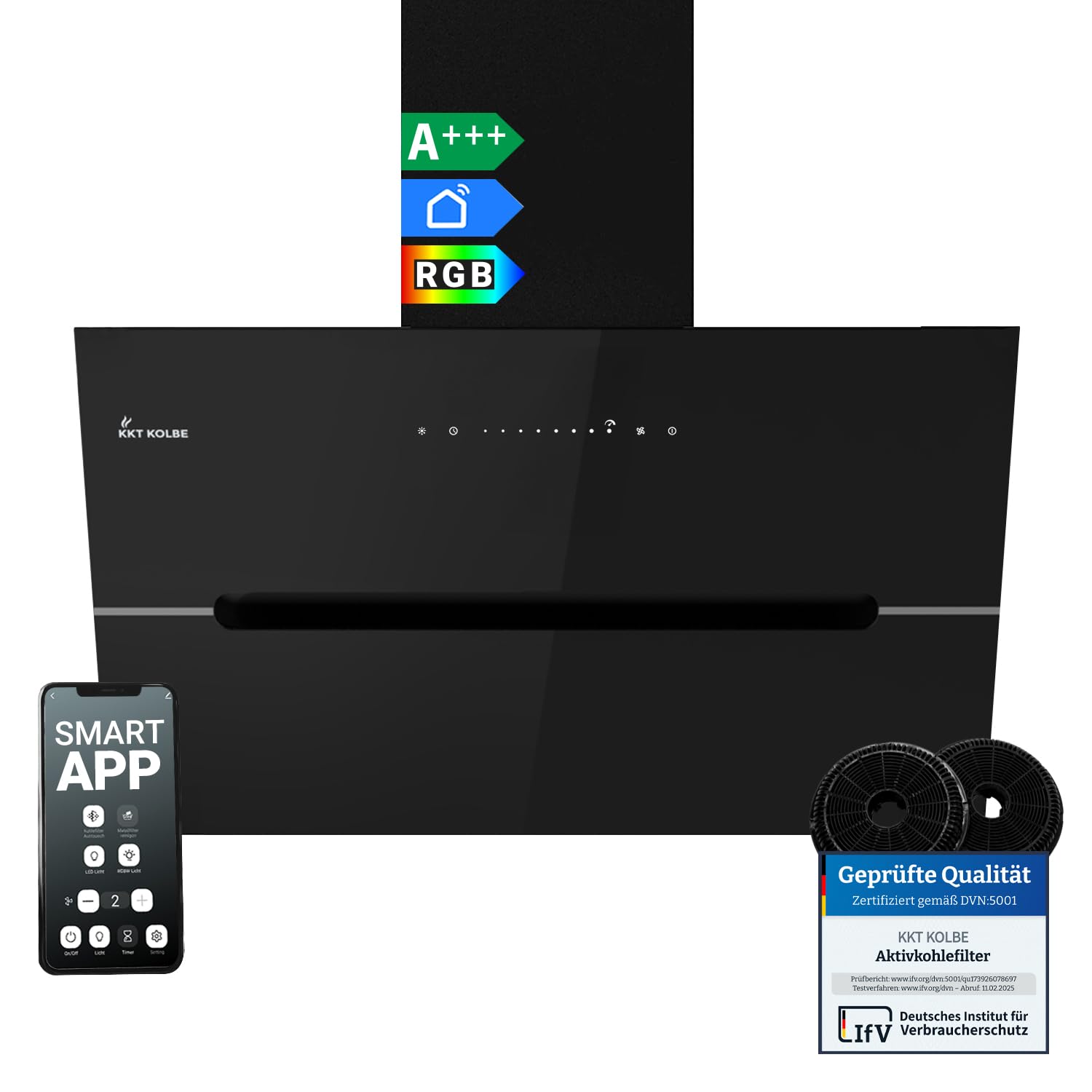 KKT KOLBE campana extractora de 80 cm | drenaje de circulación de 782 cbm/h | sin cabeza | cubierta de pared | vidrio negro | aplicación WiFi inteligente WLAN | Iluminación LED RGBW | ECCO8005SM