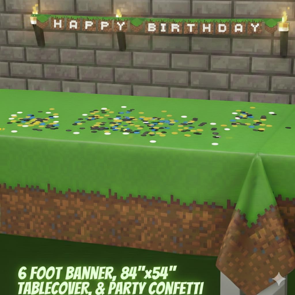 Minecraft Birthday Decorations – Pixel Video Game Birthday Party Set for 16 - Minecraft Party Supplies With Minecraft Plates and Napkins, Pixel Gamer Tableware - Minecraft Birthday Party Decorations