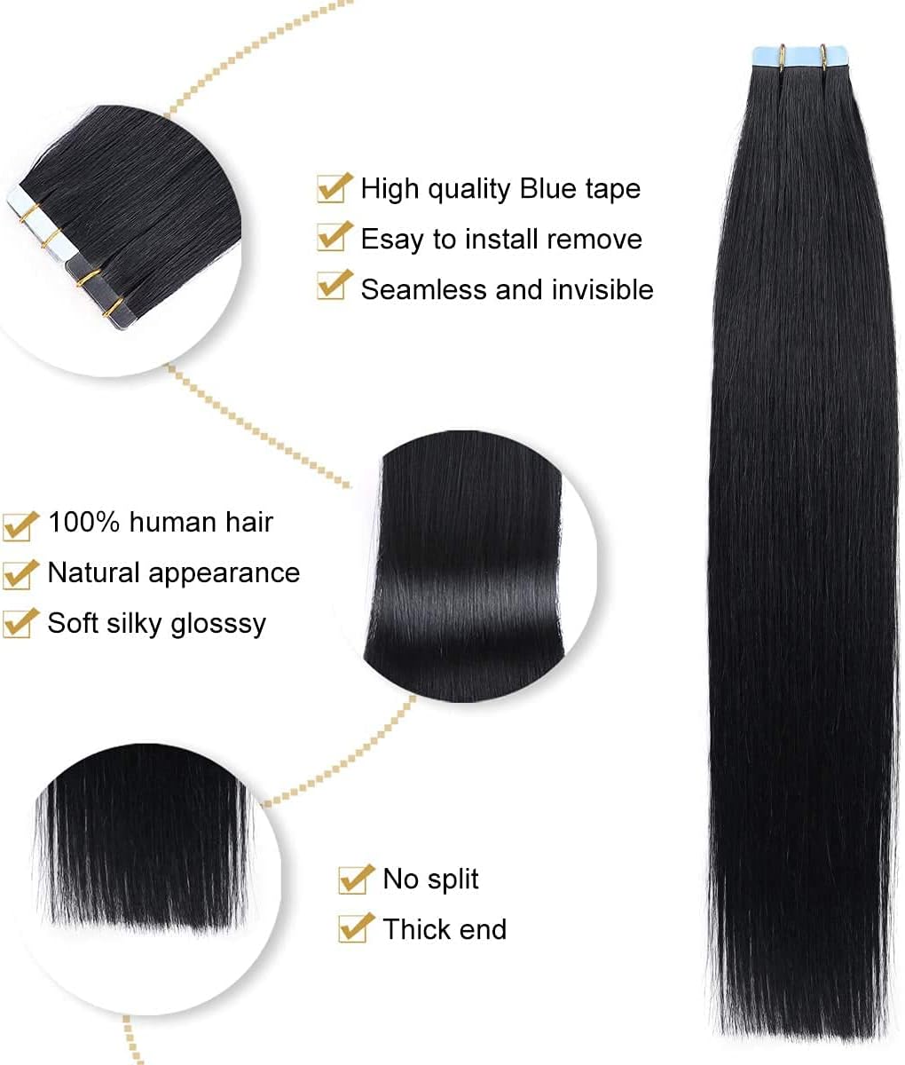 YILITE Tape in Extensions Human Hair 12 inch Jet Black Tape in Hair Extensions Natural Invisible Remy Straight Skin Weft Seamless 20pcs 40g/Pack (#1 Jet Black) - Image 4