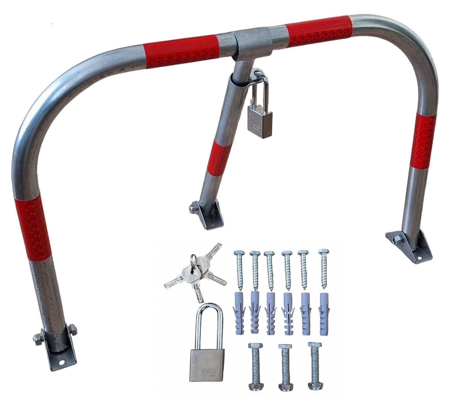 FERRETELIX® Cepo de Parking zincado/Valla Guardaplazas | Bloqueo Manual de Alta Resistencia incluye tornilleria y candado de seguridad