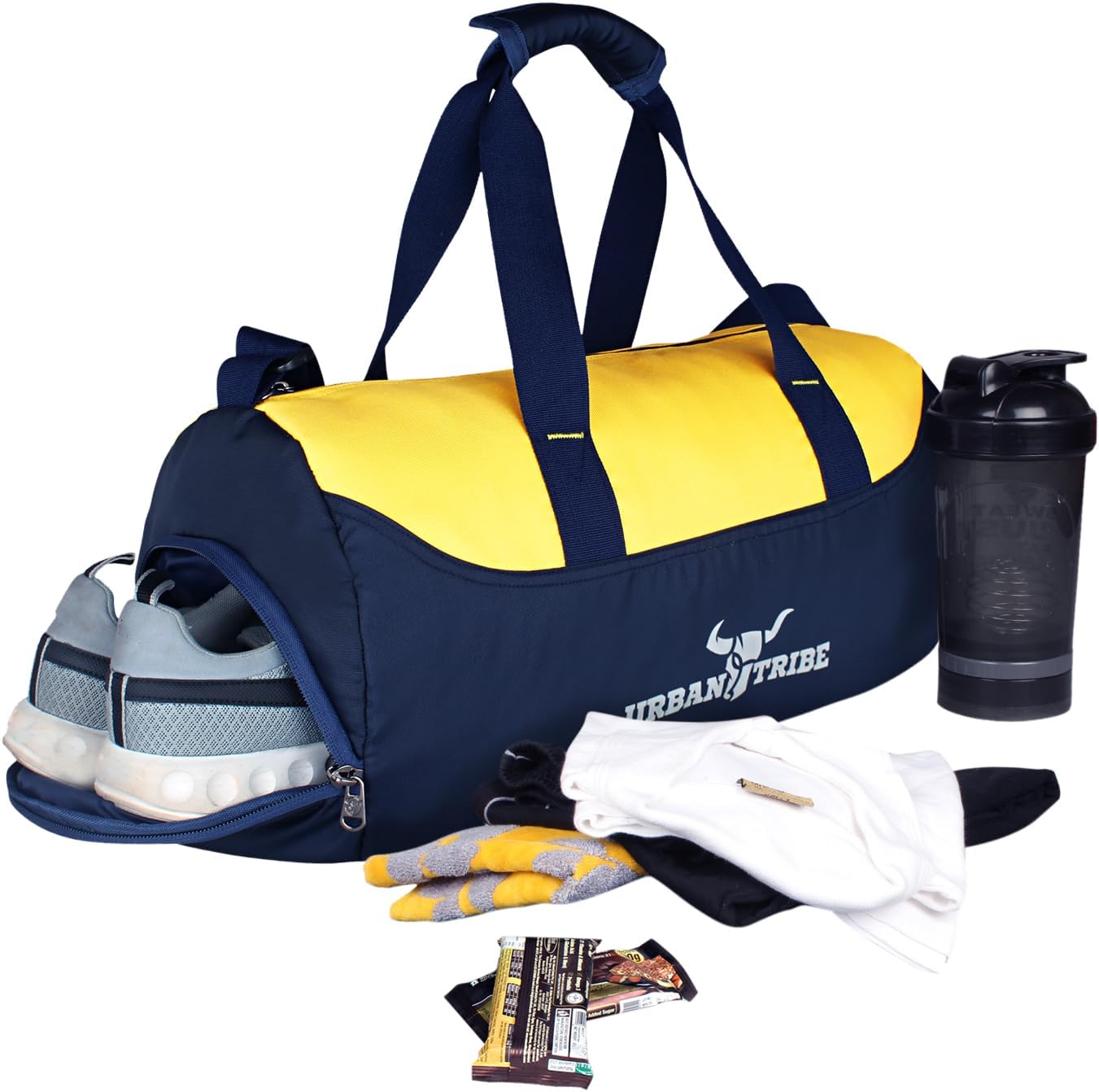 URBAN TRIBE Bolt 28L Gym Bag with Shoe Compartment | Sports Duffle Bag for Men and Women | Exercise, Workout, Fitness Bag | Navy, Yellow