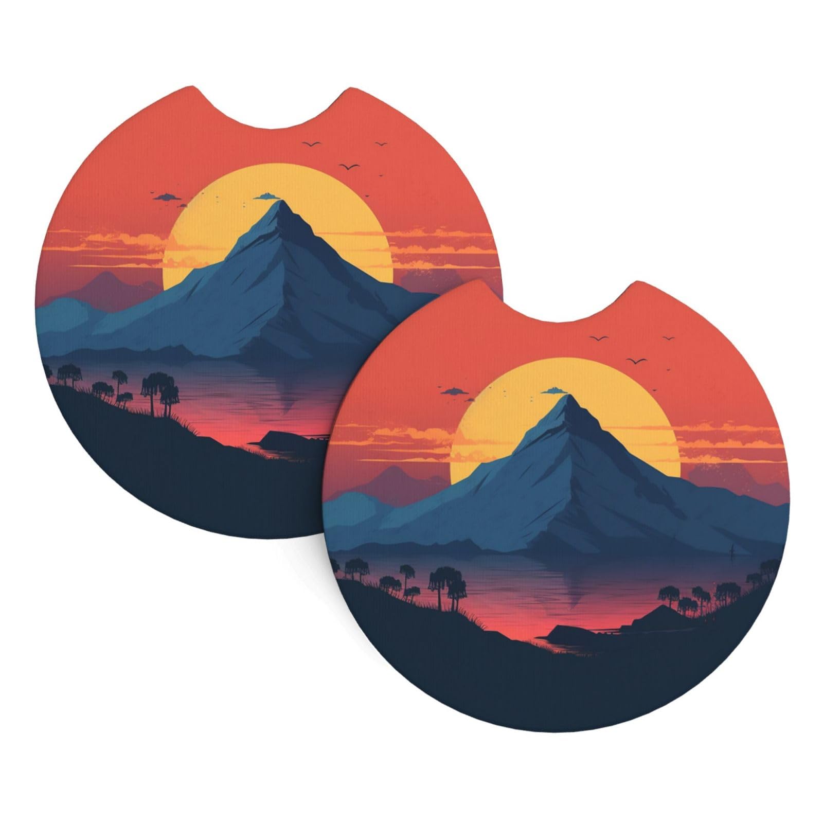 2PCS Car Coaster for Cup Holders Universal Auto Cup Mat Sunset and Mountain top Cup Coaster Pad 2.7" Waterproof Neoprene Non-Slip Cup Holder Coasters Car Interior Accessories for Women Men