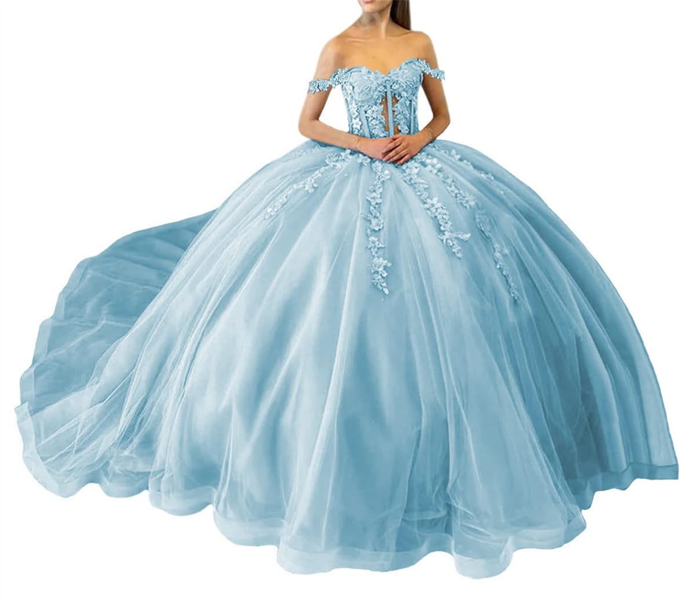 Wseyu Women's Light Blue Sweetheart Sequin Quinceanera Dresses With Off Shoulder Puffy Lace Tulle 16 Princess Dresses Uk22