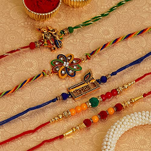 Image of eCraftIndia Set of 5 Rakhi Combo Hamper | Colorful Radha Krishna Peacock Feather Flower Pearl Designer Rakhis | Roli Chawal Pack