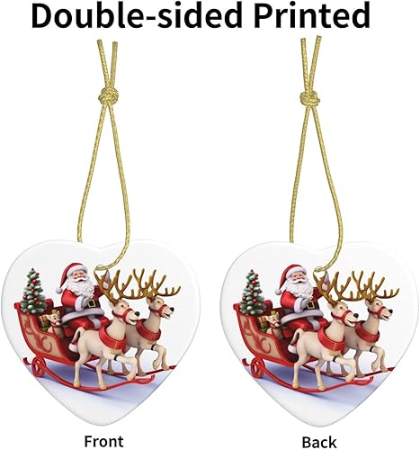 Miniatura 3 de Trineo de reno de Papá Noel, árbol de Navidad colgante de cerámica de doble cara, adornos de Navidad impresos en forma de corazón, colgantes de