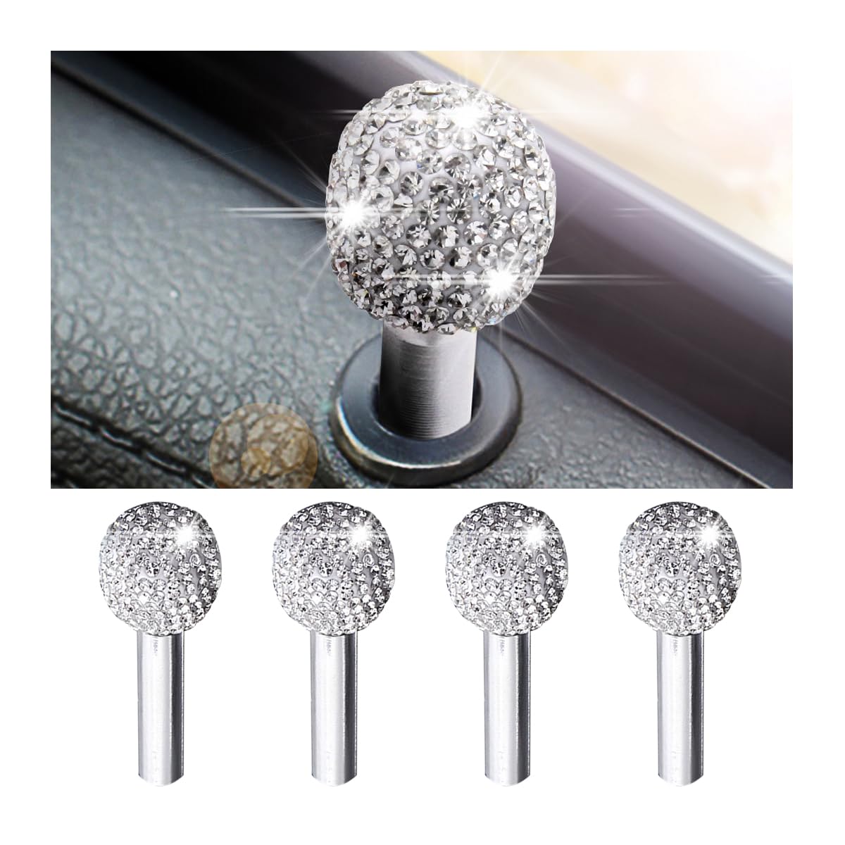 BELOMI 4PCS Bling Car Inner Door Lock Covers, Crystal Rhinestones Automotive Pull Rod Bolt Decoration Stickers Sparkly Door Bolt Cap, Universal for Vehicles（White）