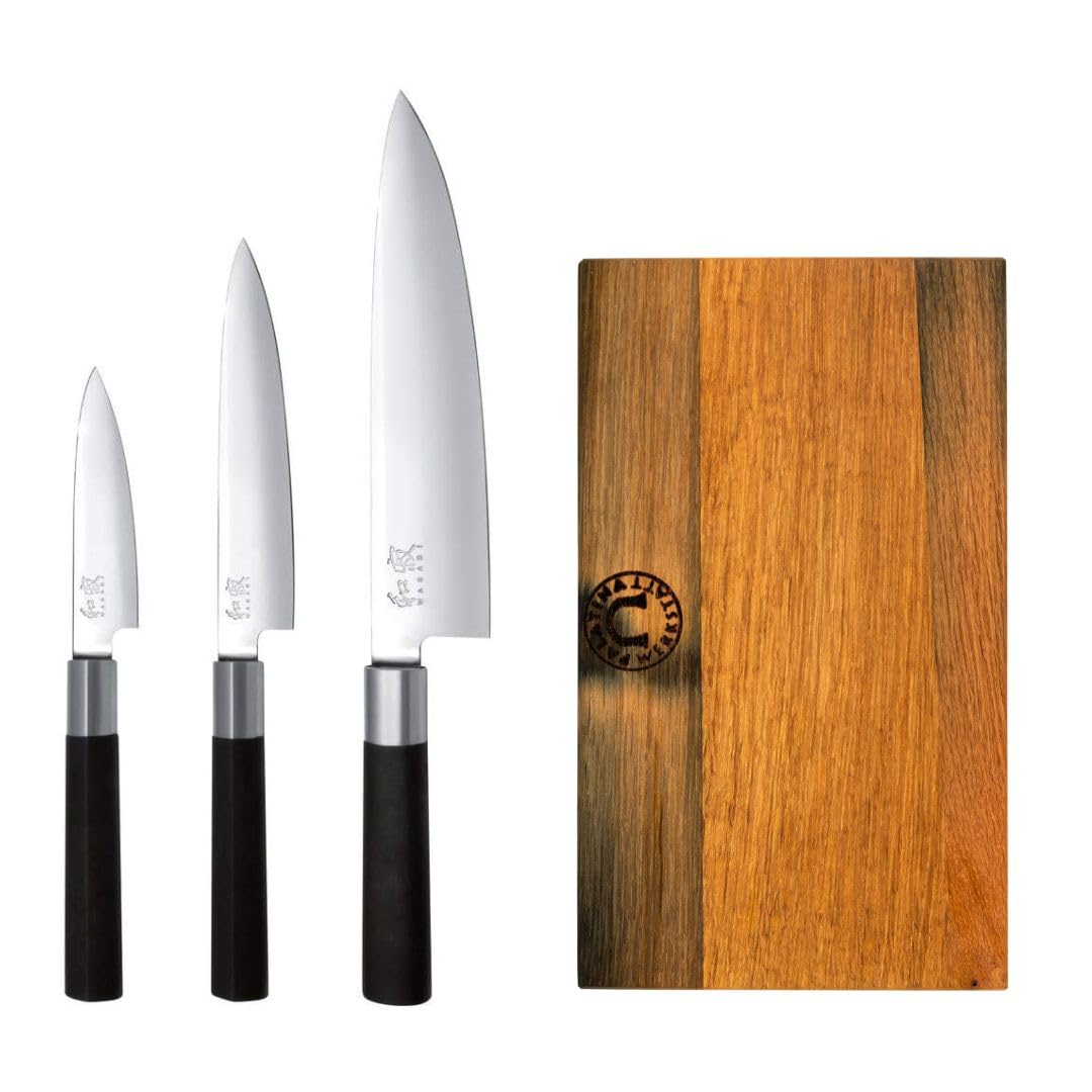 Kai Wasabi Black - Juego de cuchillos 67-W18 | 3 cuchillos de oficina ultra afilados / cuchillo multiusos / cuchillo de cocina | + tabla de cortar hecha a mano de madera de fachada, 25 x 15 cm |