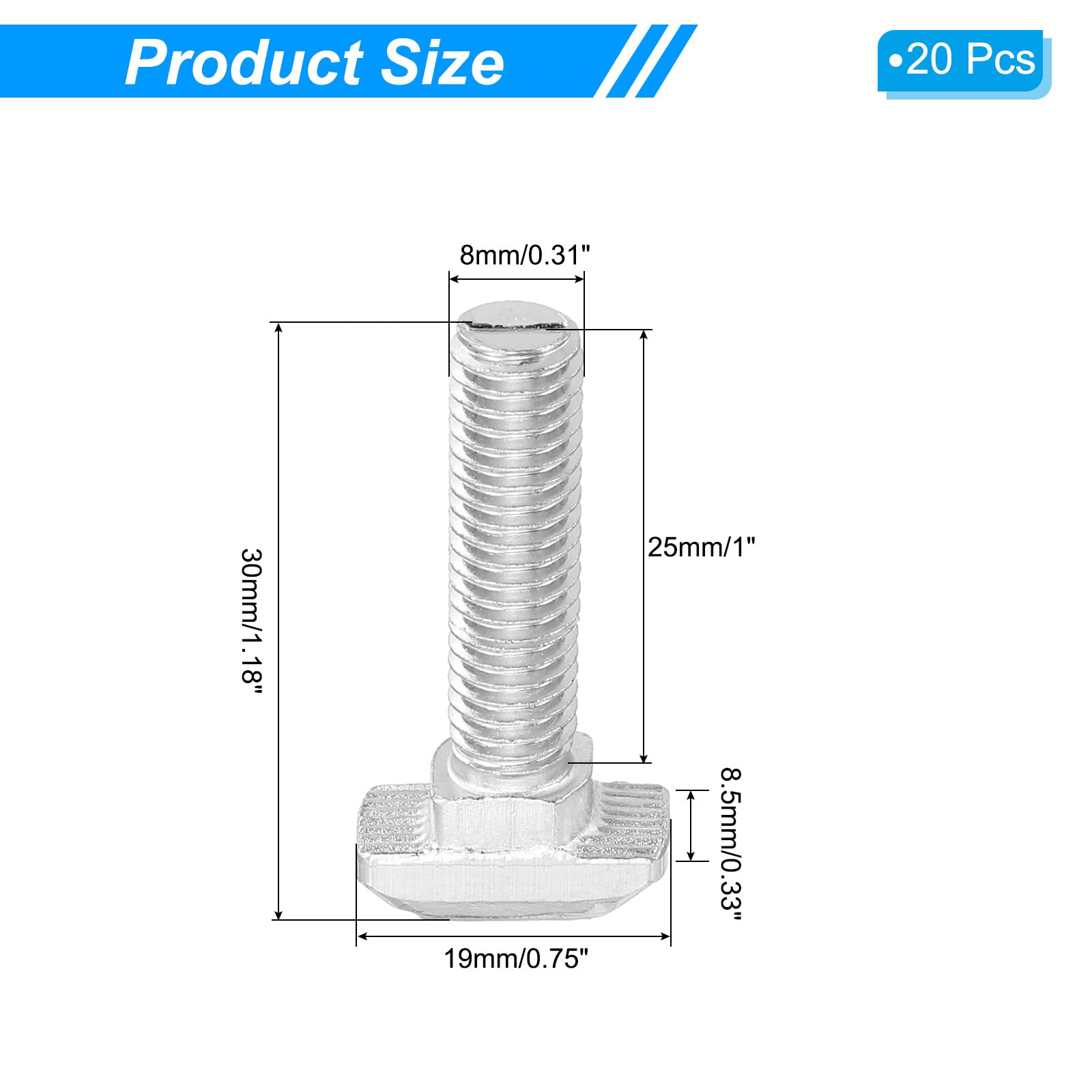 PATIKIL M8x25 Hammer Head Bolt T Screw, 20 Pcs T Slot Drop in Bolt Hammer Head Bolts for 4545 Series European Standard Aluminum Profile - Image 2