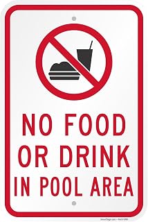 SmartSign 18 x 12 inch “No Food Or Drink in Pool Area” Sign, 2mm Thick Aluminum Composite, Pre-Drilled Holes, Made in USA, Red, Black and White