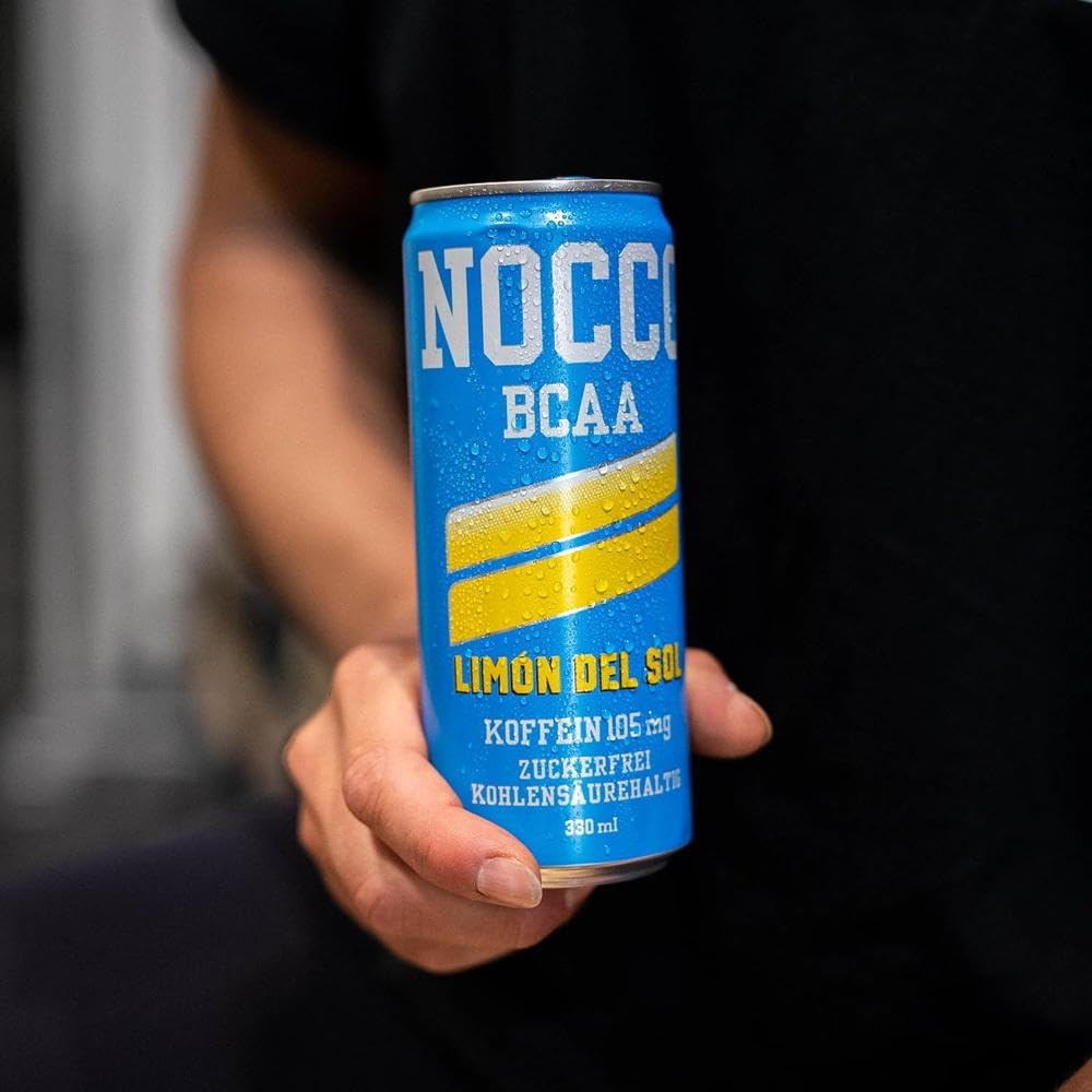 NOCCO BCAA energy drink 24er pack – zuckerfrei, vegan Energy Getränk mit Koffein, Vitaminen und Aminosäuren – Zitronengeschmack, 24 x 330ml inkl. Pfand (Limon Del Sol)
