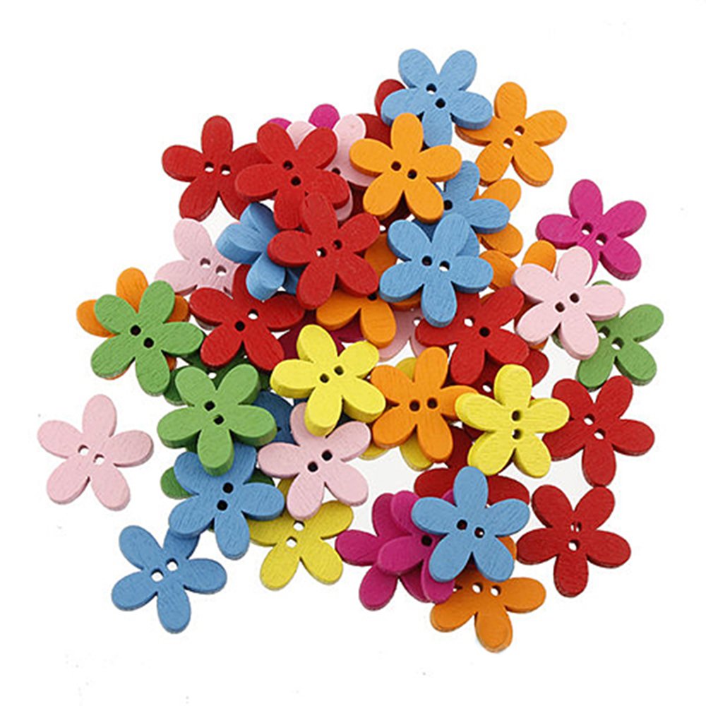Greenlans Mix Color 100Pcs Mixed Color Flower 2 Holes Wooden Sewing Craft Scrapbooking Diy Buttons