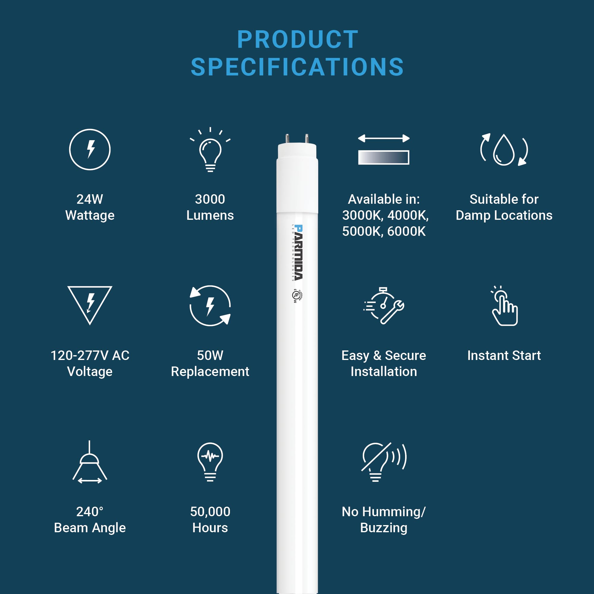 PARMIDA 20-Pack 4FT LED T8 Ballast Bypass Type B Light Tube, 24W