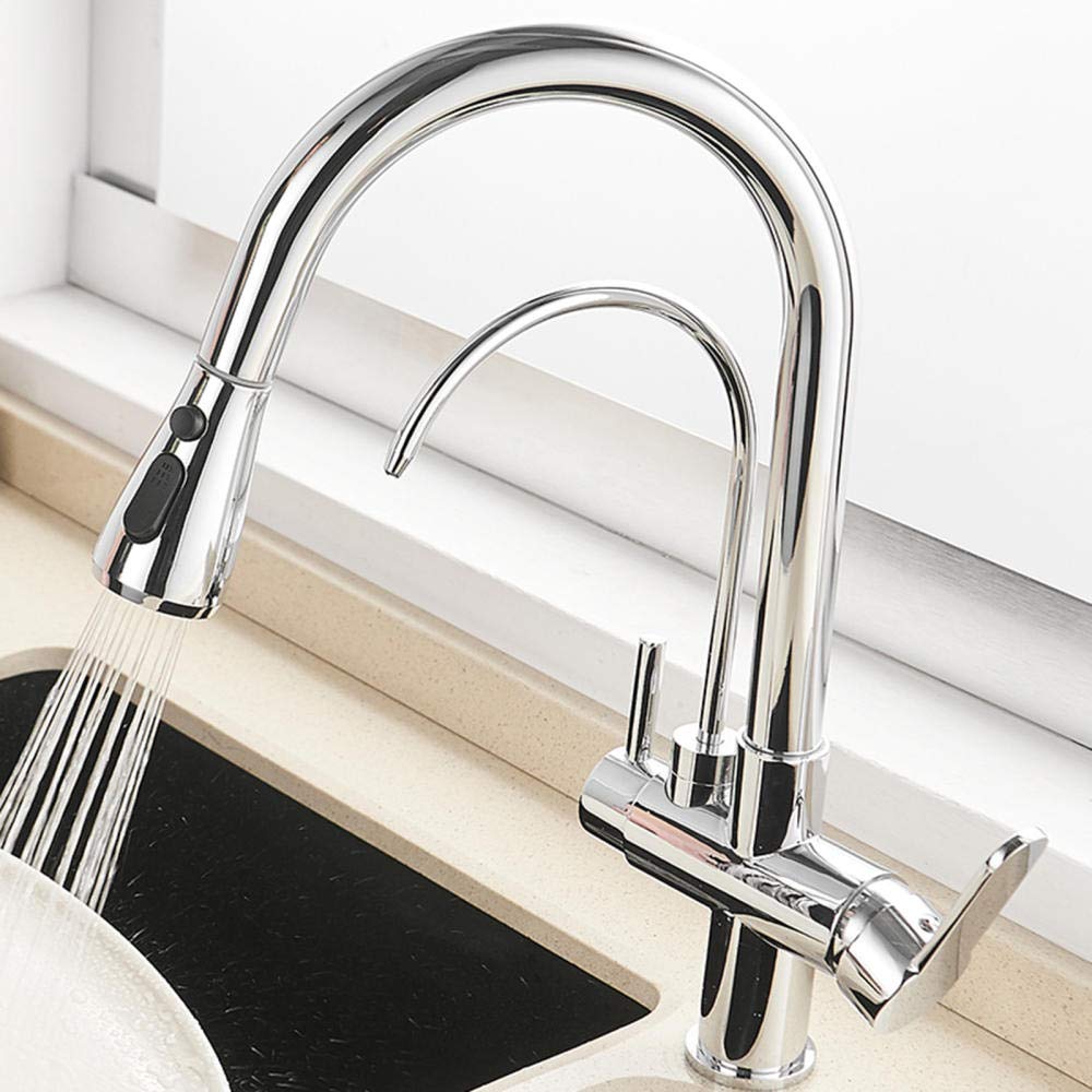 Grifo de Cocina 3 en 1 con Grifo Giratorio de un Solo Orificio para Fregadero de Cocina, Agua Pura, Caliente y fría, Color Negro (Color: Nero)
