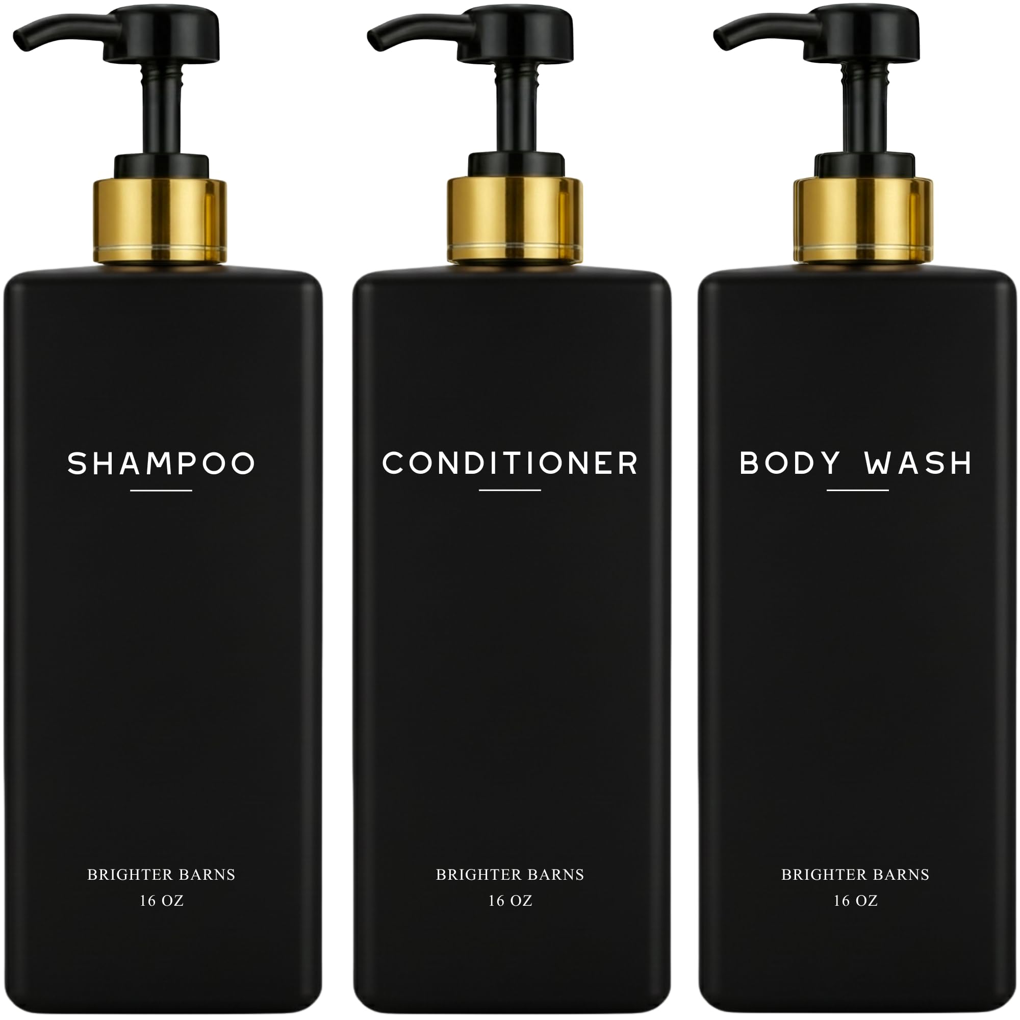 Photo 1 of Black Shampoo and Conditioner Dispenser Set by Brighter Barns - Body Wash and Shower Soap Dispenser - Refillable Shampoo and Conditioner Bottles for Gold Bathroom Decor, Guest Bathroom, Airbnb (Black)