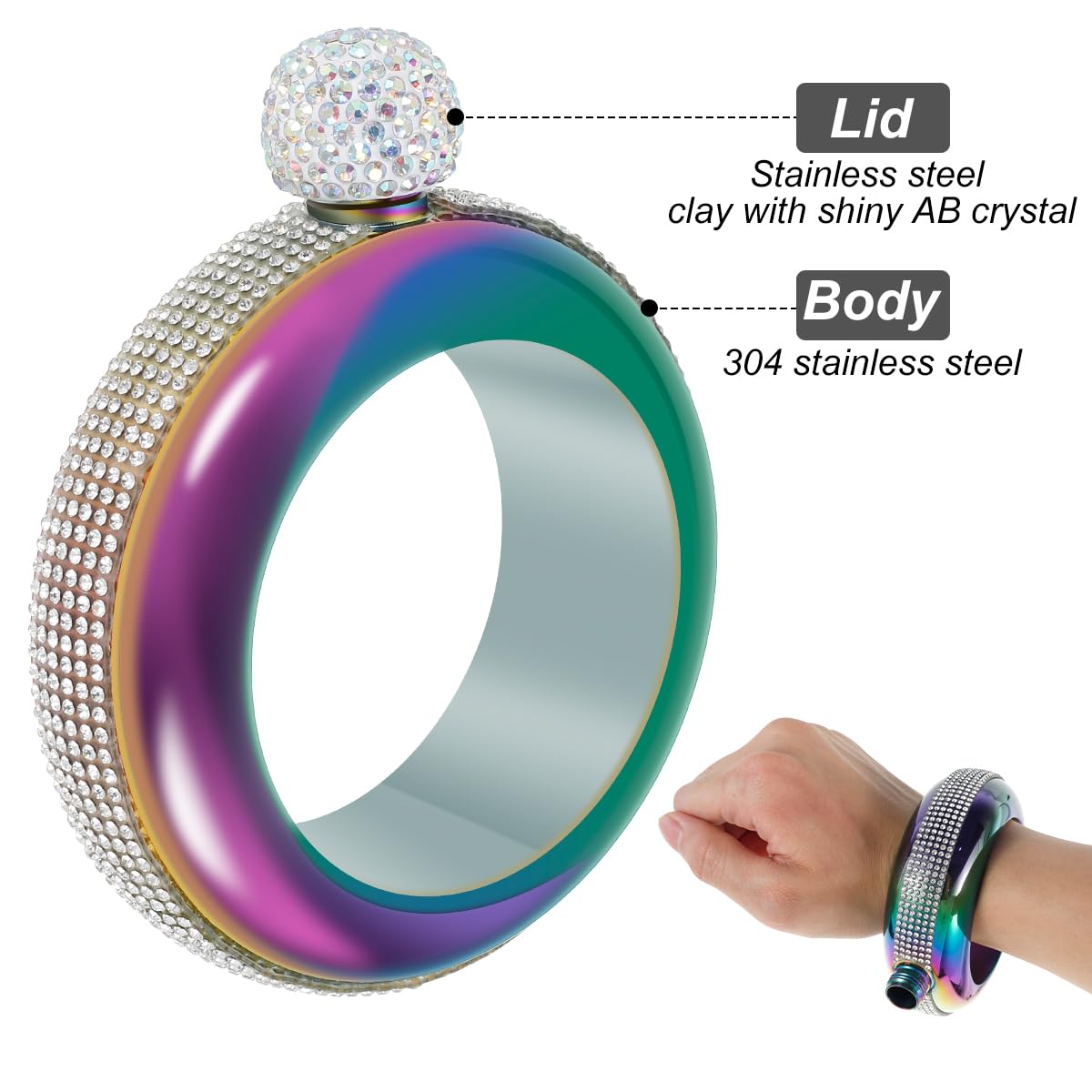 DSVENROLY Bracelet flasque pour femme en acier inoxydable 304 avec cristal fait à la main, entonnoir et verres à liqueur pour filles, danse, fête d' anniversaire, club, bar (argent
