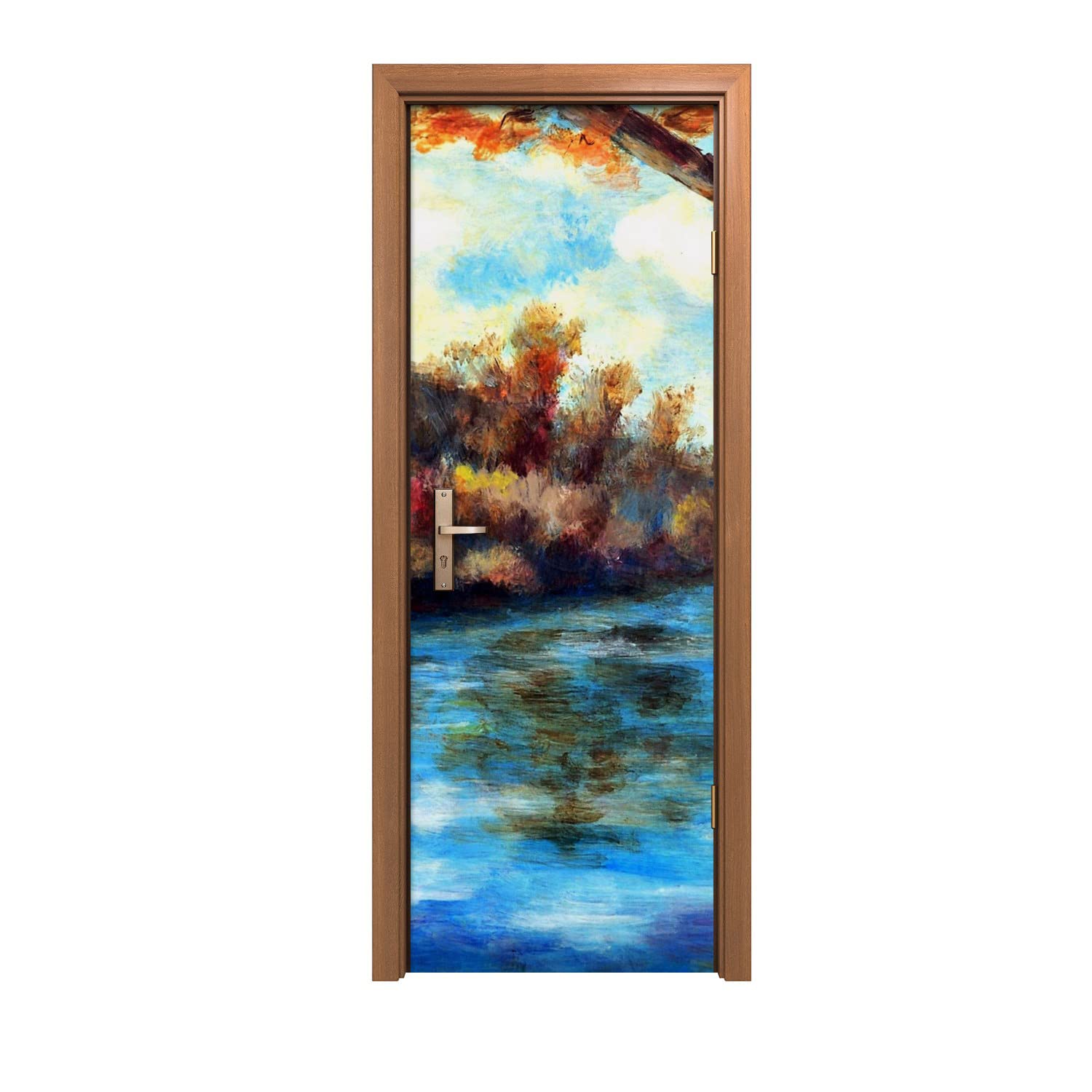 Autocollant de porte 70x200cm motif nature de la rivière forestière pour décoration intérieure