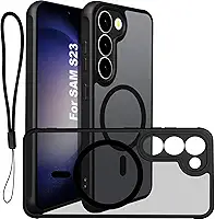 USTIYA Magnética Capa para Samsung Galaxy S23 Case Matte Acrílico Uso Resistente Protetora de Câmera Capinha Acessórios para Celular com Cordão Preto FGCX