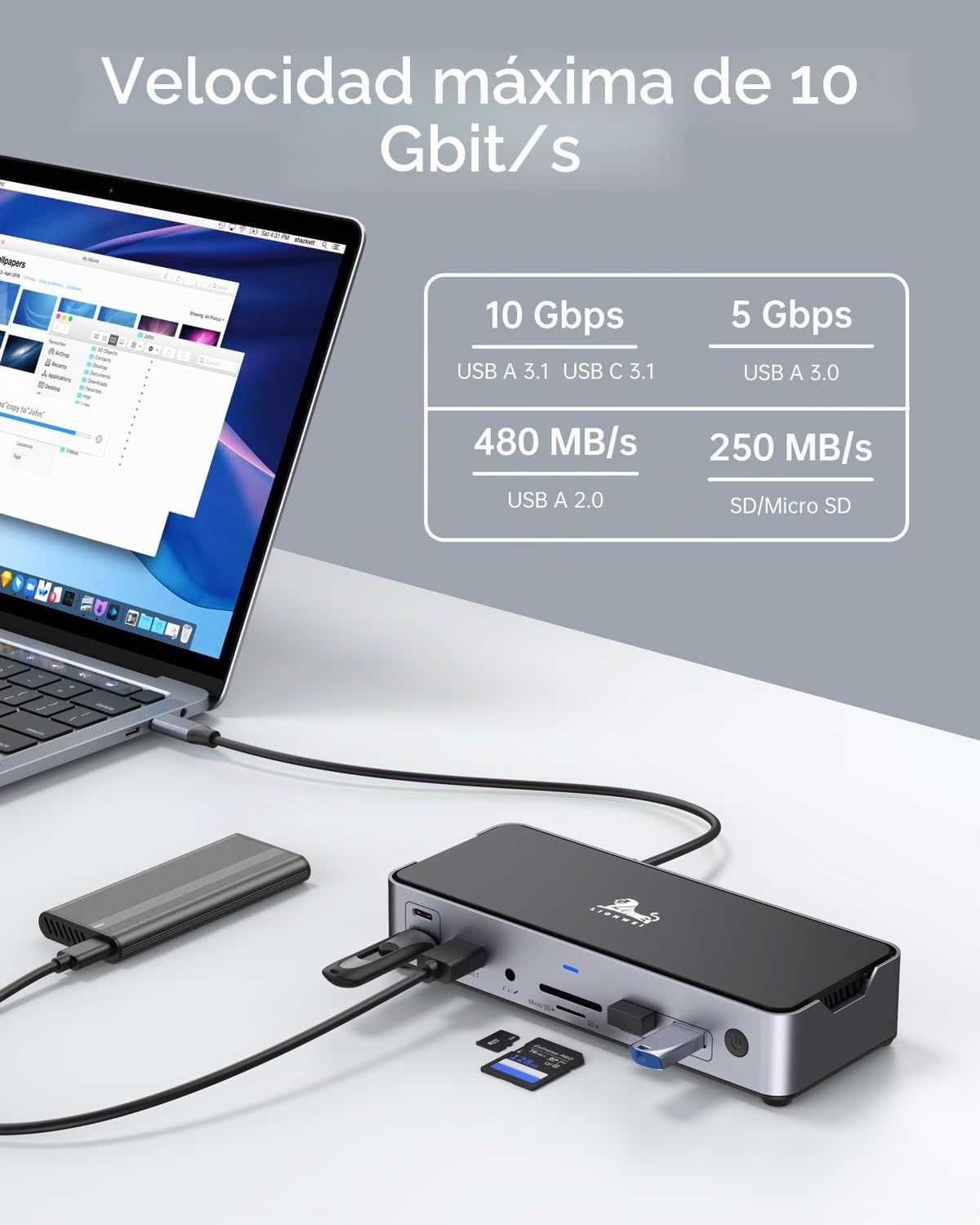 Estación de carga USB C con fuente de alimentación, 65 W, 1 m, 2 HDMI DP 8 K, pantalla 15 en 1, doble monitor, estación de acoplamiento triple, estación de acoplamiento 4K, DisplayPort 10 Gbps, USB