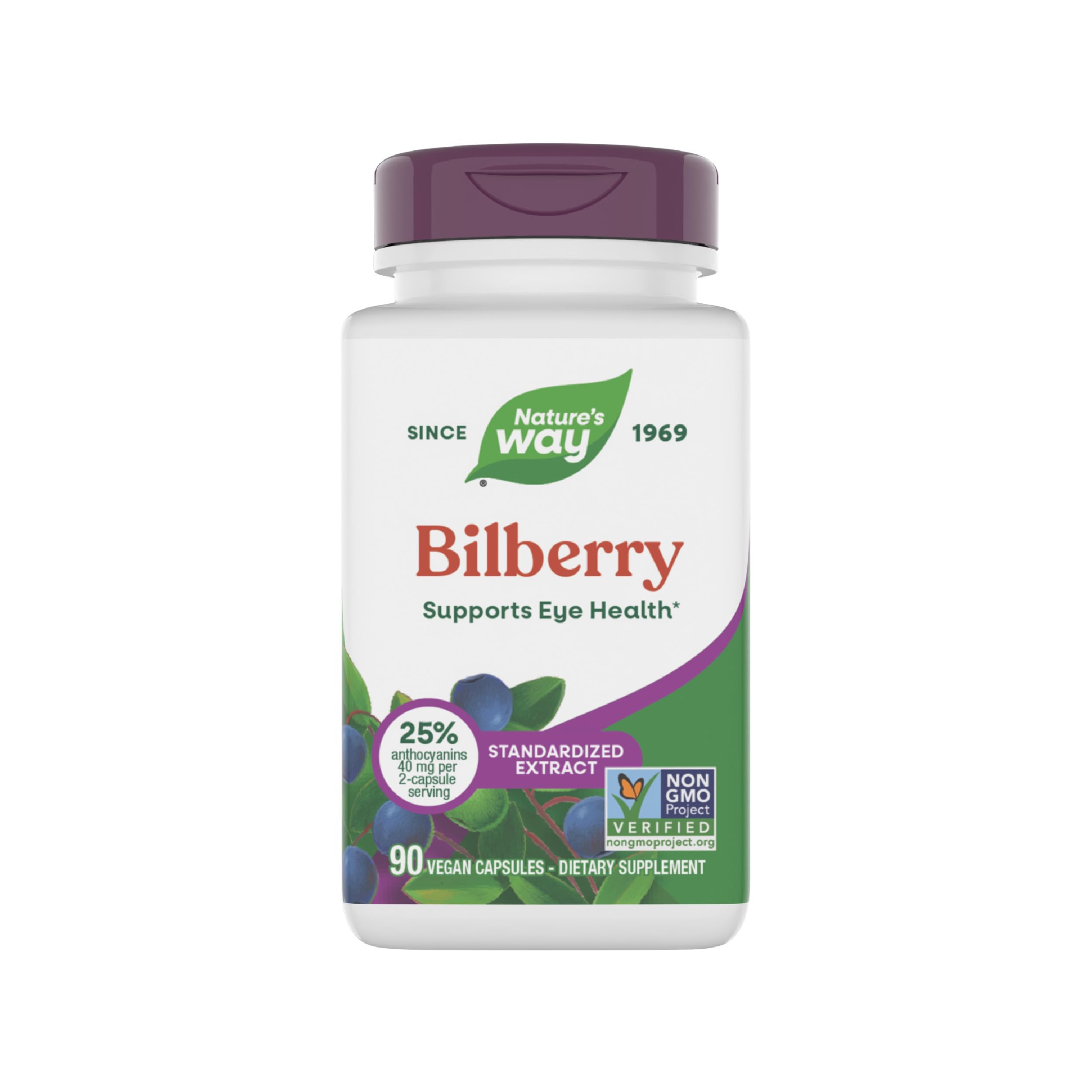 Nature's Way Bilberry Premium Extract, Supports Eye Health*, Eye Health Supplement for Adults with Black Elderberry*, Gluten Free, Vegan, 90 Capsules (Packaging May Vary)