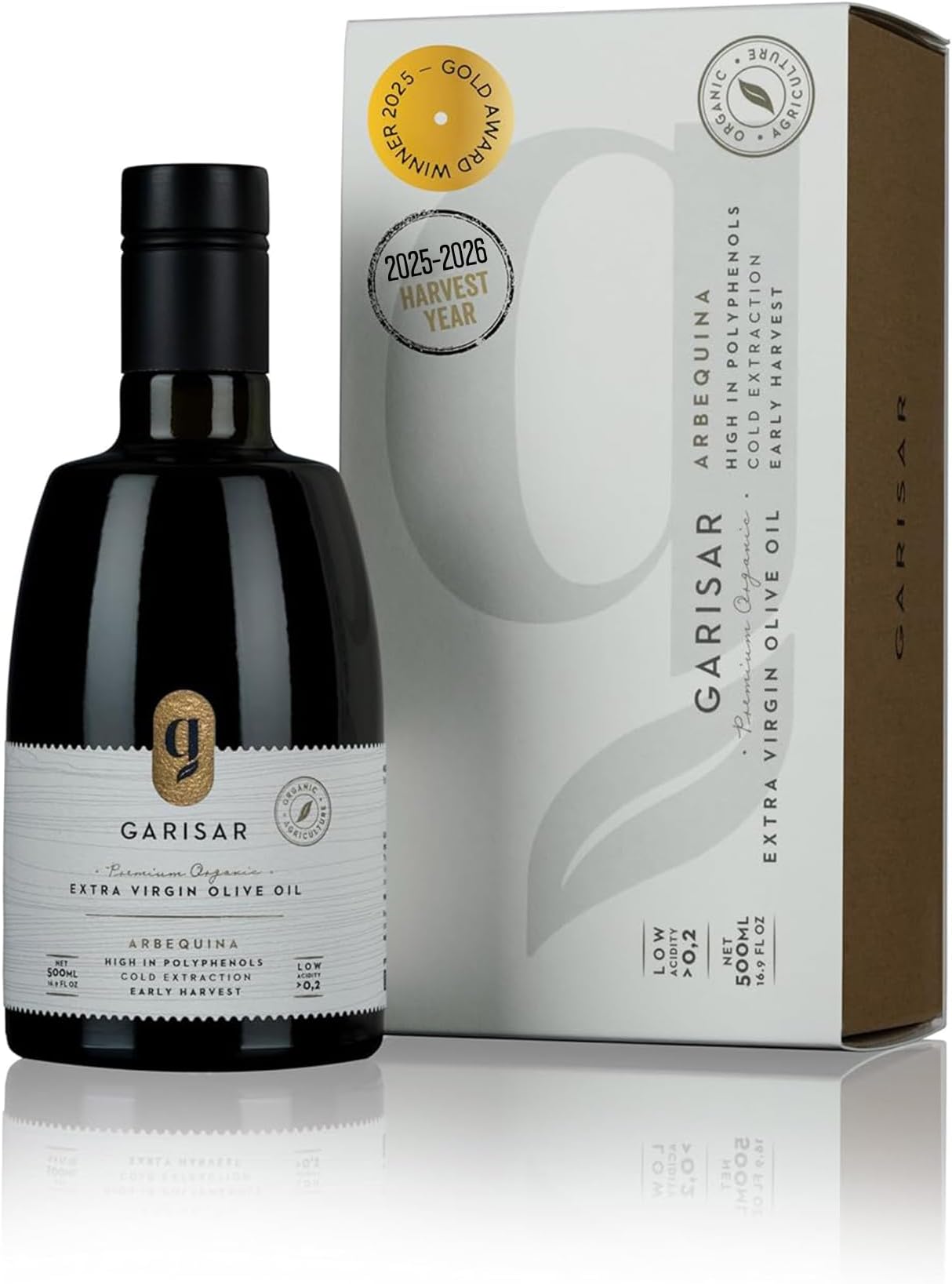 Garisar High In Polyphenol Premium Extra Virgin Olive Oil (>600 ppm), Low Acidity (max 0.2%), NYIOOC 2025 Gold Medal Winner, Organic Agriculture, Hand Picked, Cold Pressed, 100% Arbequina, Pack of 6