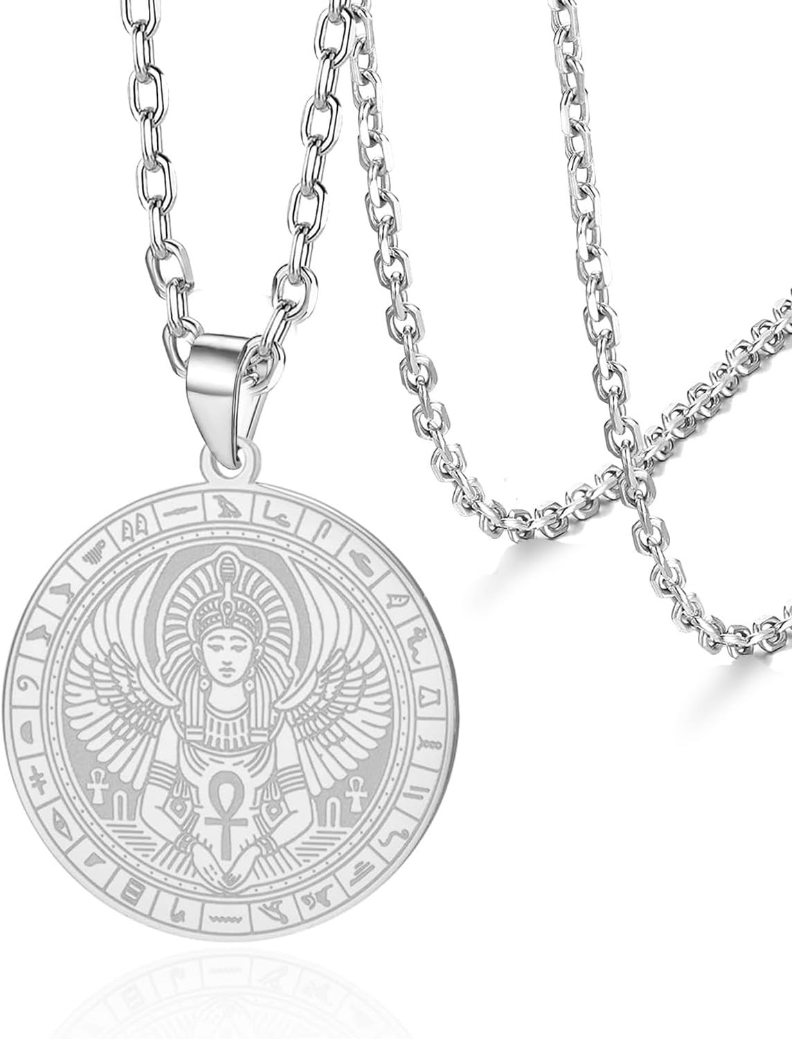LGBBTI Egyptian Isis Goddess Ankh Ankh Necklace Men Women Stainless Steel Vintage Hieroglyph Protection Amulet Spiritual Jewellery Dailywear Gift, Silver