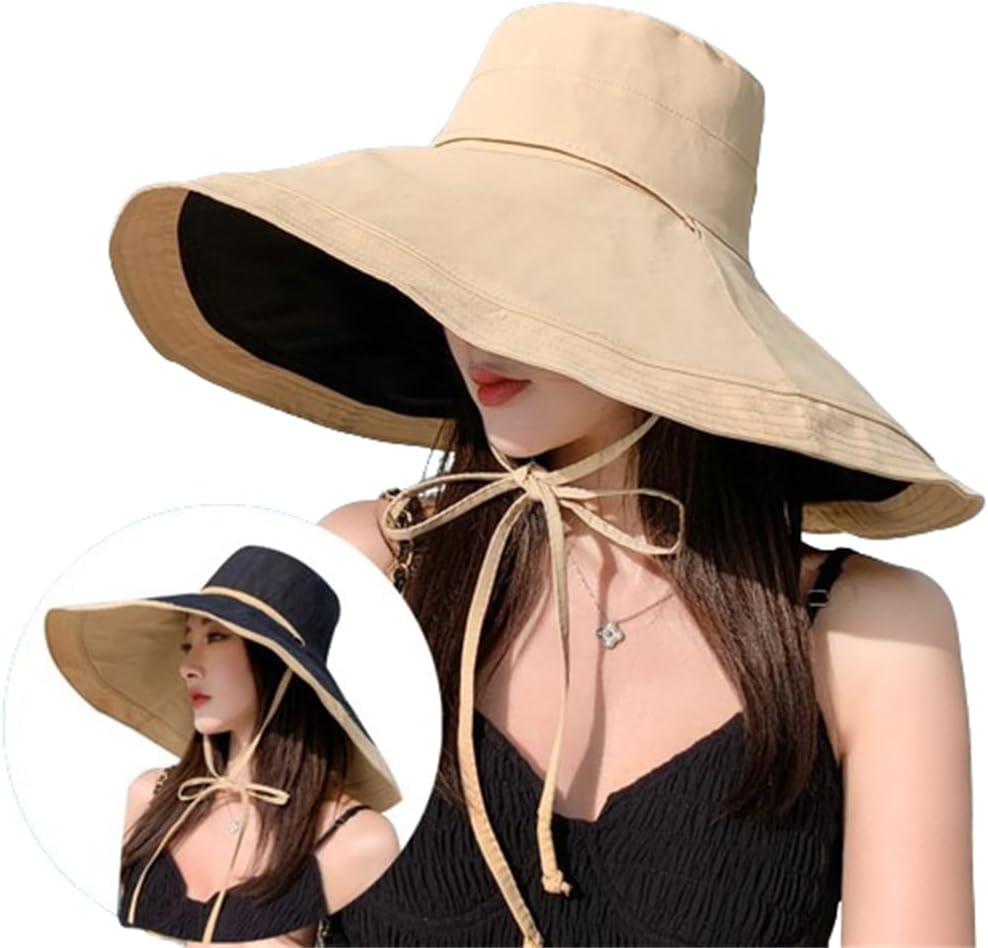 Womens Wide Brim Sun Hat UV Sun Protection Summer Hat Reversible Foldable Beach Hats Bucket Fishing Hats One Size A-khaki