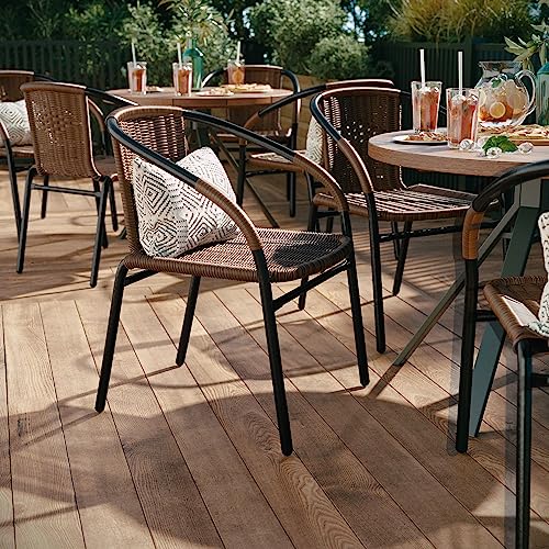 Image of EMMA + OLIVER Set of 4 Modern PE Rattan Stack Chairs, Indoor /Outdoor Patio Dining Chairs, No Assembly Required, Brown