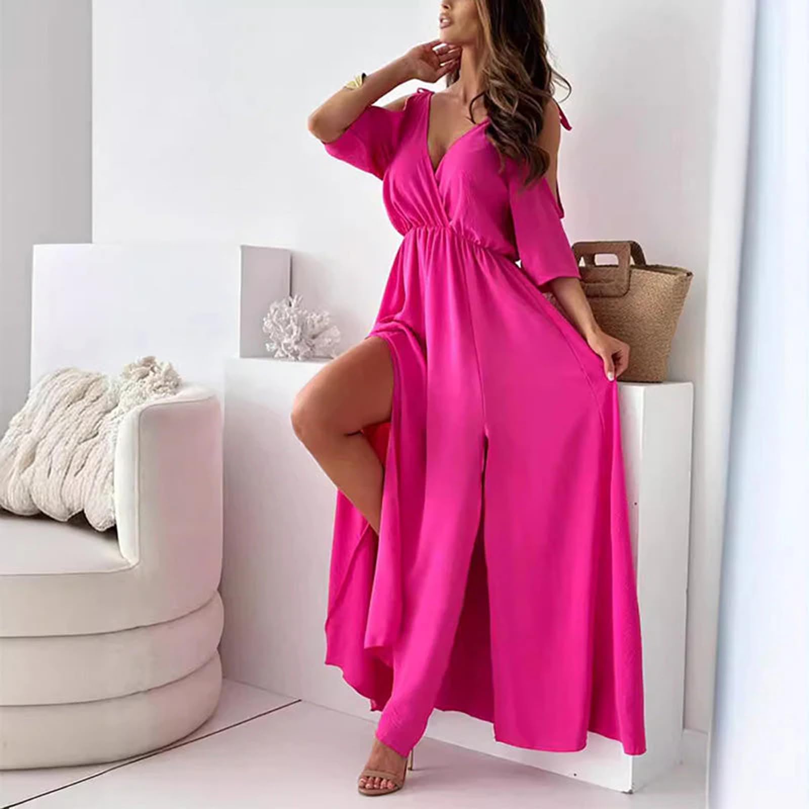Elegancka, seksowna sukienka z dekoltem w serek z rozcięciem bocznym dla kobiet, sukienka maxi z głębokim dekoltem w serek, seksowna sukienka z rozcięciami po bokach na długie sukienki