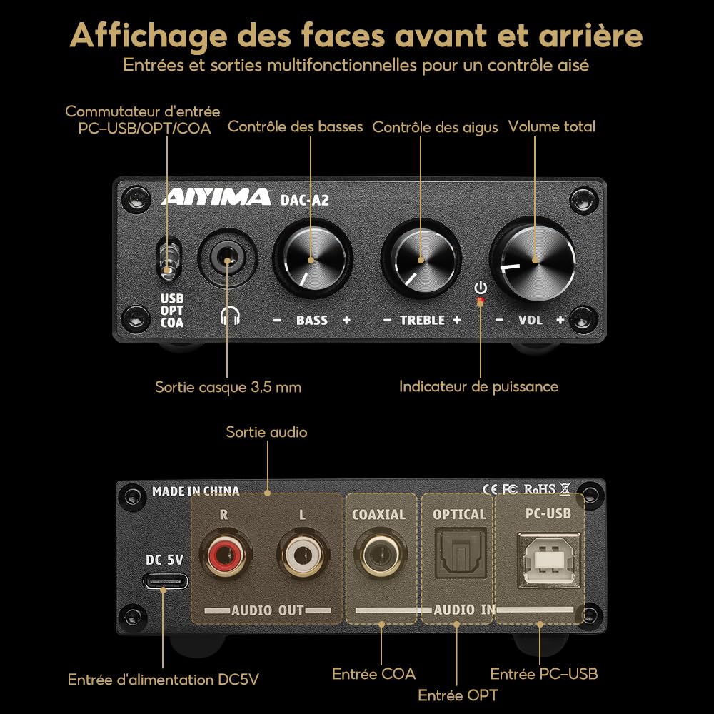 AIYIMA DAC A2 Amplificateur de casque Convertisseur DAC Mini décodeur de jeu stéréo Ordinateur de bureau DAC PC-USB/Coaxial/Optique vers RCA Sortie casque 24 bits192 kHz Ampli DAC numérique-analogique