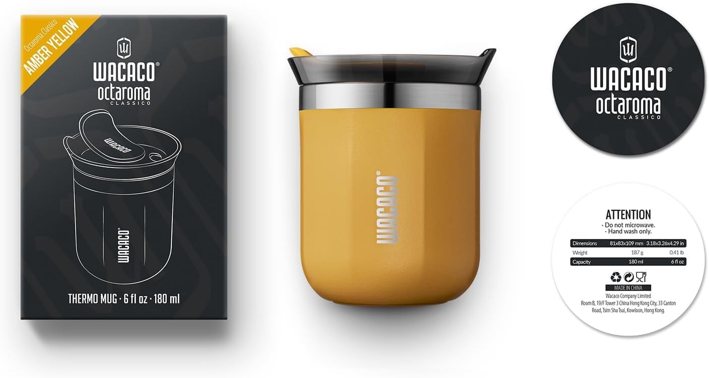 WACACO Octaroma Classico Travel Coffee Mug, Double-wall Stainless Steel Travel Tumbler With Drinking Lid, 6 fl oz (180ml), Amber Yellow - Image 6