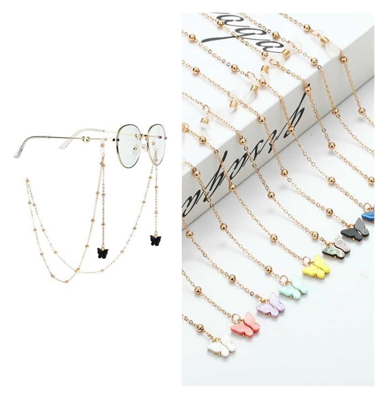 Brillenkette, Brillenseil, Brillenketten-Lanyard, modischer und schicker Spitzen-Schmetterlingsanhänger, Brillenkette, Sonnenbrille, Lesebrillen-Seil-Clip, Halsband-Seil(Yellow)