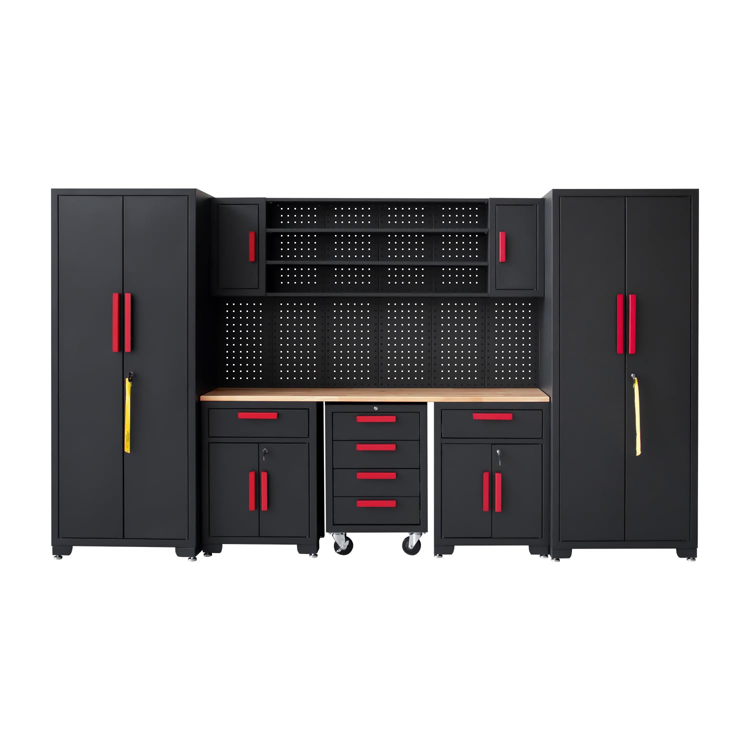 Garage Cabinet Storage System - 9-Piece Workshop Set w/Steel Cabinets & Workbench Includes Rolling Chest & Pegboard | Heavy-Duty Black & Red Tool Organization for Garage/Workshop