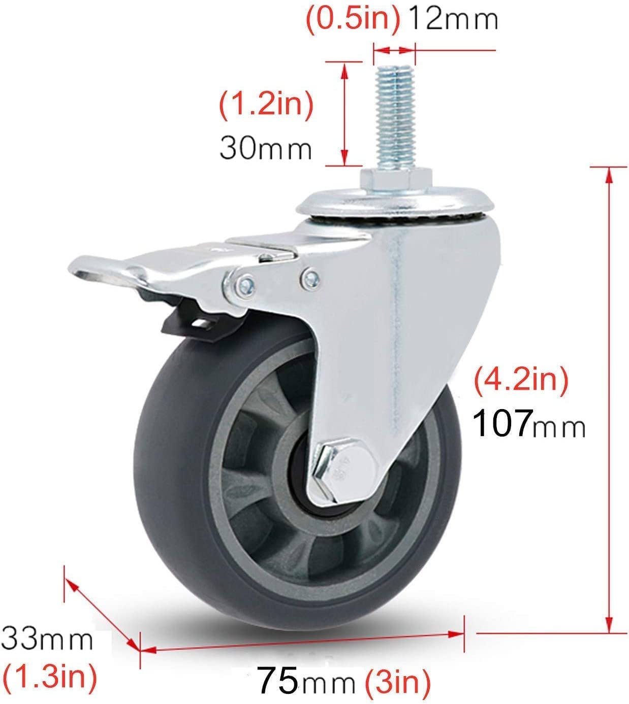 Ruedas giratorias de Alta Resistencia, 4 Unidades, de Goma, industriales, con Freno, vástago M12x30mm, para carros, carretillas y Bancos de Trabajo, Ruedas de Repuesto de 75 mm/3 Pulgadas.