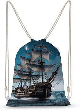 Pirate Ship Drawstring Backpack - Canvas Sports Gym Sackpack, Lightweight String Bag for Beach & Travel