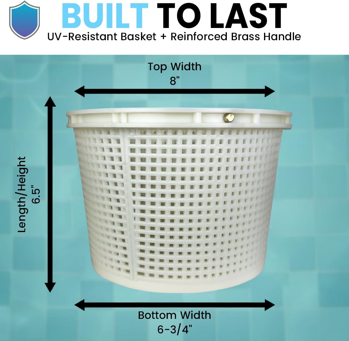 RV22110U Heavy‑Duty Pool Skimmer Basket – Compatible with Pentair U‑3  Skimmer Basket 08650‑0007 & Hayward  SPX1070E – 8″ Top, 6.5″ Height, 6.75″ Bottom – Made in USA Built-in Brass Handle & Weight