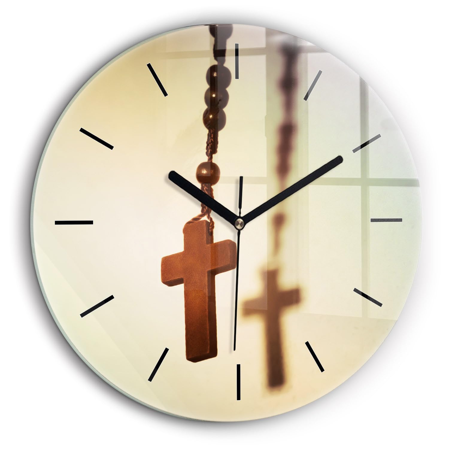 Sacroarte 60cm Reloj de Vidrio Funcionamiento silencioso Fe Biblia Reloj Reloj de Pared Manecillas de Reloj Negras - Rosario de Madera