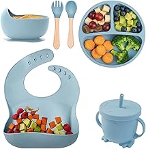 6PCS Silicone Baby Feeding Set for Toddlers 6+ Months, Suction Plate and Bowl, Bib, Spoon, Fork and Cup, BPA-Free, Non-Toxic, Microwave and Dishwasher Safe (Sky Blue)