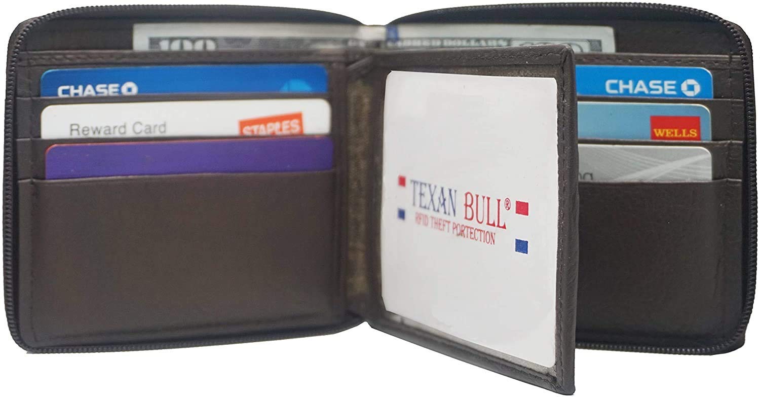 Texan Bull RFID Men's Leather Zipper wallet Zip Around Wallet Bifold Multi Card Holder (Brown)