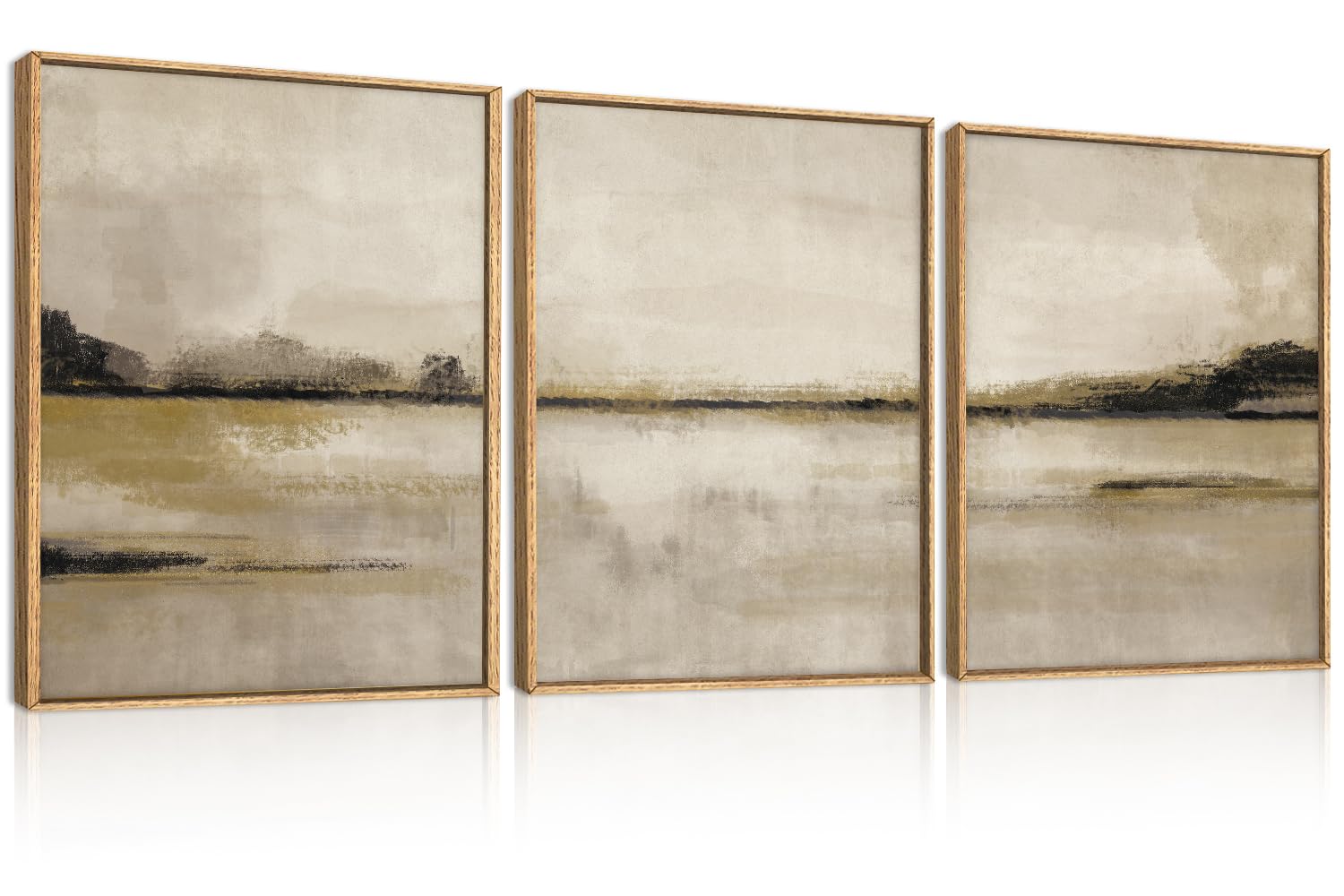 KAIRNE Neutral Abstrcat Landscape Framed Canvas Wall Art Set-12"x16"x3 | Vintage Mountain Lake Wall Decor,Retro Tan Scenery Art Prints,Nature Minimalist Artwork for Living Room,Bedroom,Office
