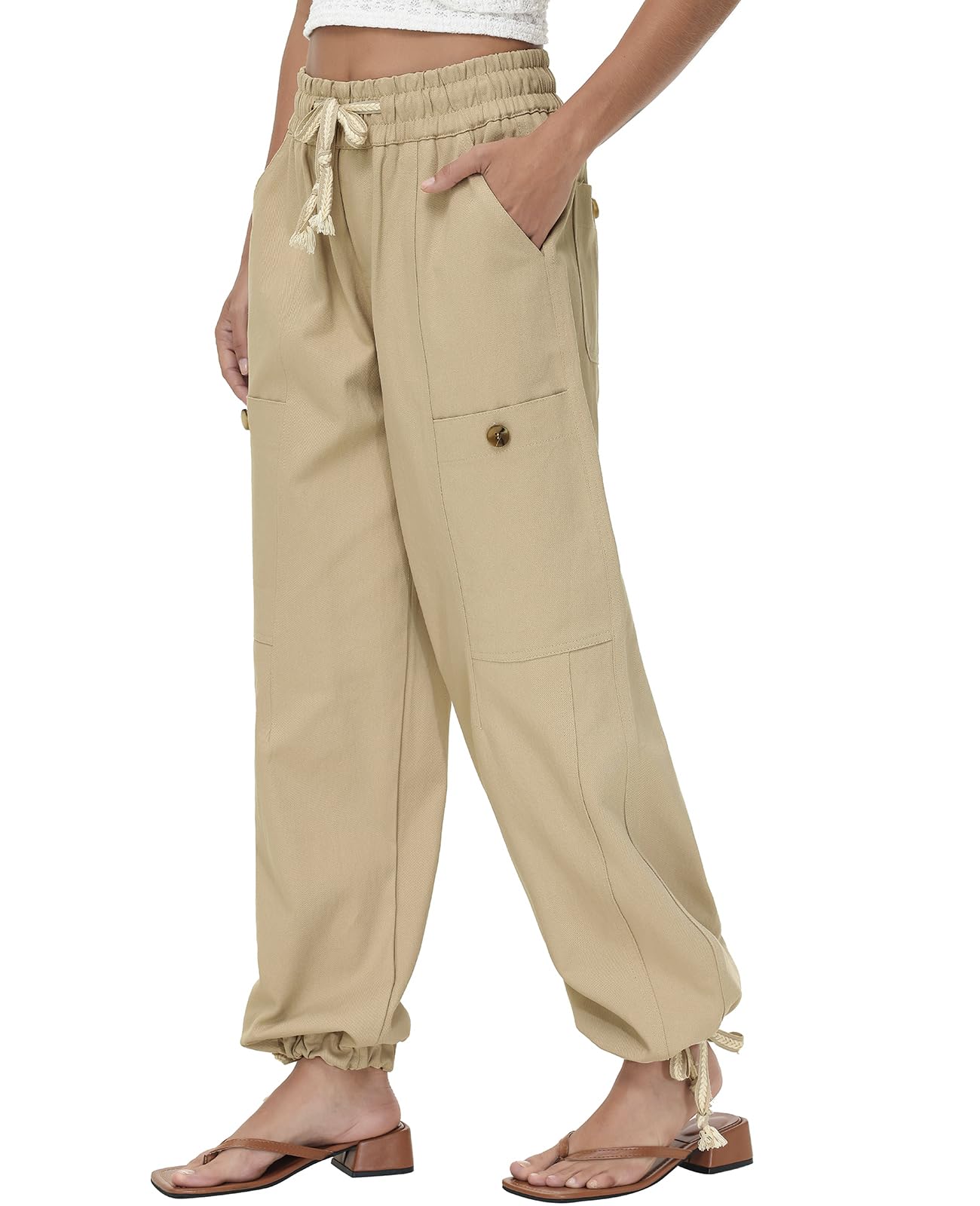ATOFY Women's Casual Cargo Pants Joggers Cotton Elastic Waist with Pockets Drawstring Baggy Trousers(Khaki,L)