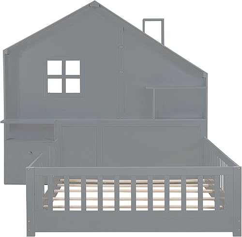 Miniatura 84 de Cama de madera de tamaño individual con cabecero en forma de casa con vallas, altura baja al suelo, para dormitorio de niños y niñas (blanco-01)