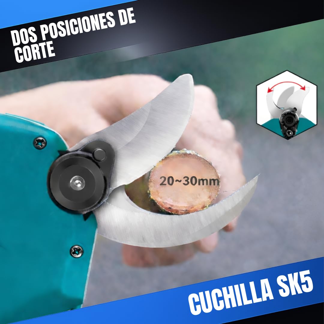 Tijeras de Podar Electricas, Kit Completo, Podadora Electrica Bateria 21V Recargable 2x3000 mAh, Tijeras Podar con Accesorios de jardinería con pantalla Display.