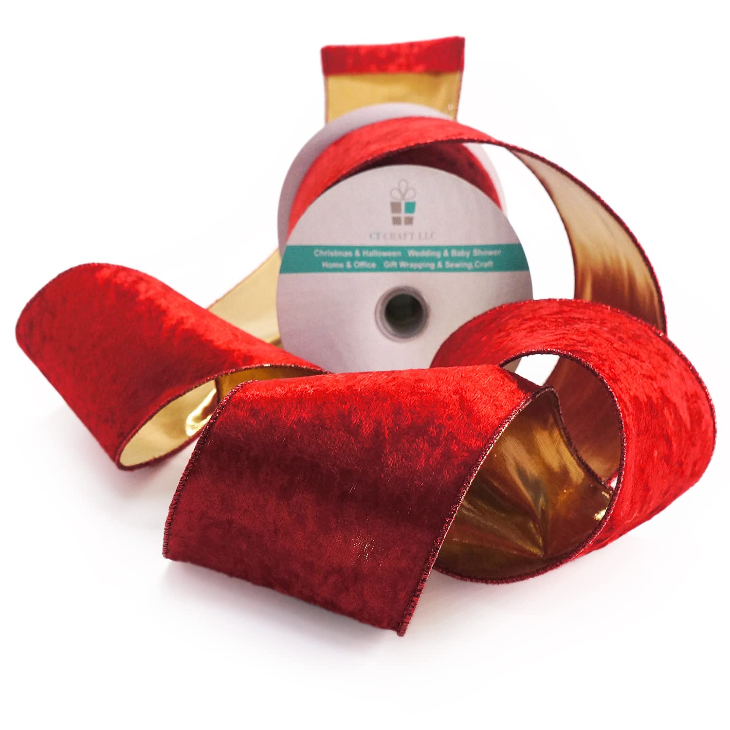 Rotes Samtband mit goldfarbener Metallic-Rückseite, Drahtband, 10,2 cm x 9,1 m, für Weihnachtsbaumspitze, Heimdekoration, Kranz, Geschenkverpackung, DIY Handwerk
