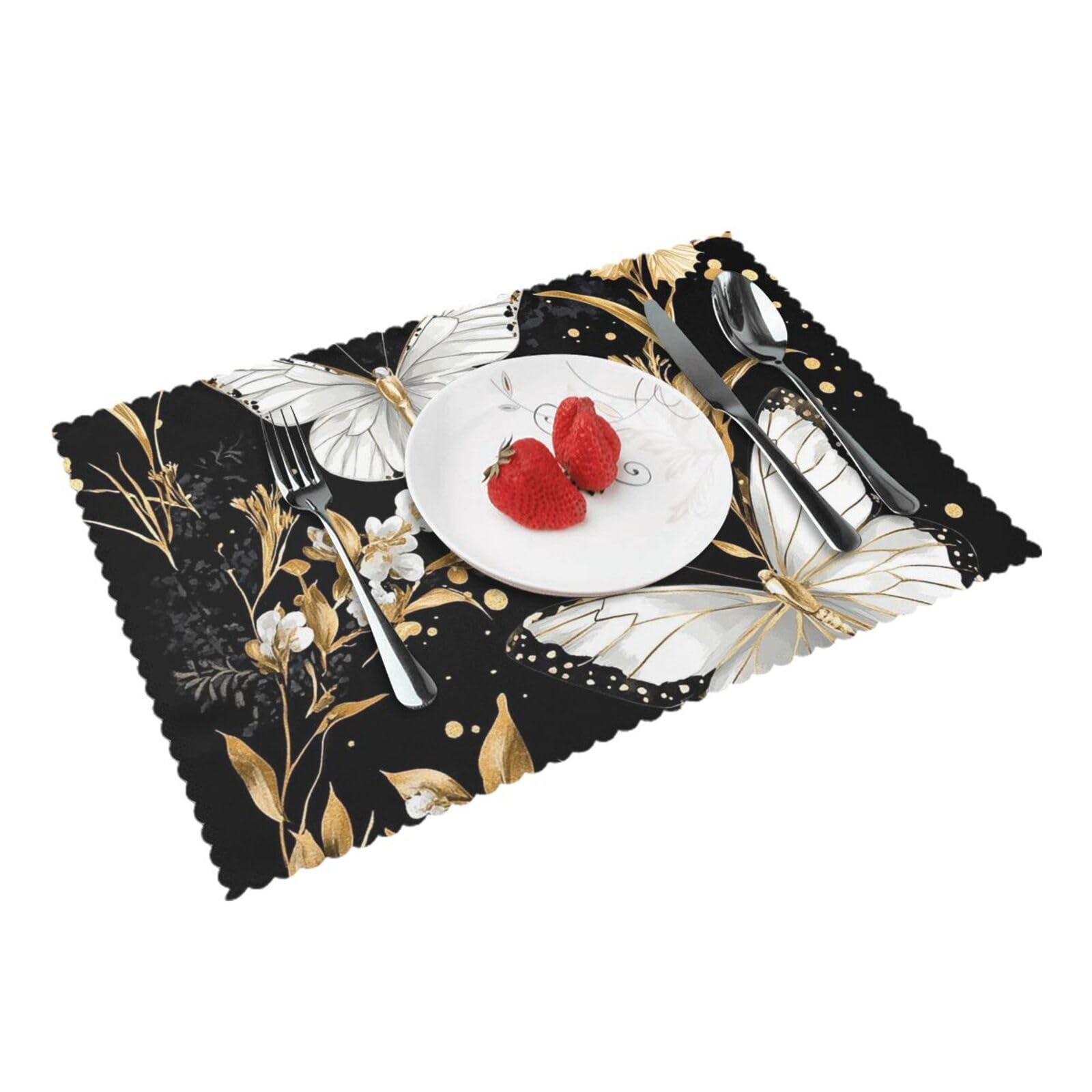 Placemats Set of 4 Heat Resistant Non-Slip Place Mats for Dining Table Gold White Butterflies Black Placemats Washable Woven Table Mats Wipeable Placemat for Kitchen Decoration 30 x 45 cm