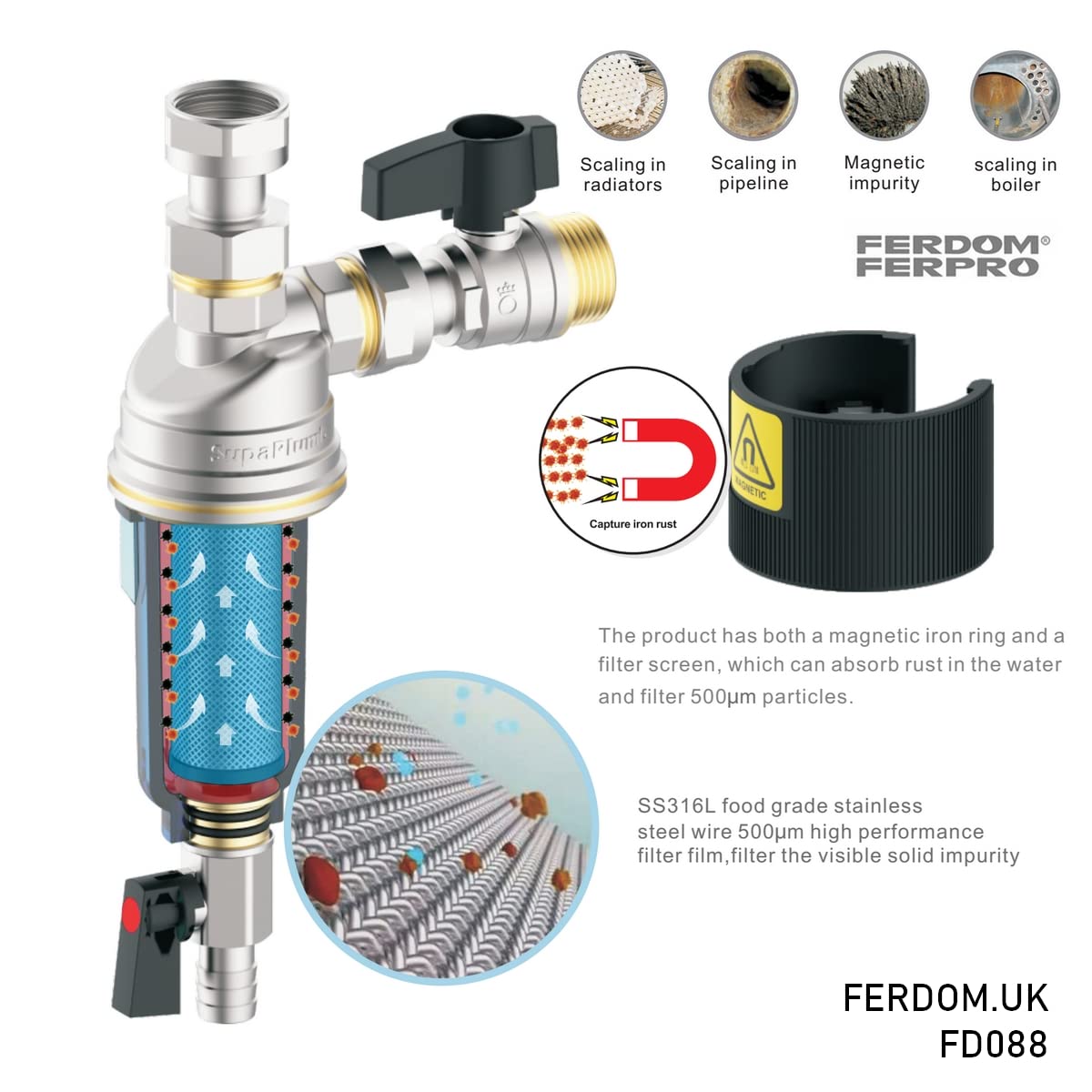 FERDOM FD088 EASY-MAG Filtro Defangatore Magnetico Sottocaldaia 3/4". Anche il sistema solare. Separatore efficiente/filtro 500mμ. Facile da installare e utilizzare. Testa in ottone, Involucro ABS.